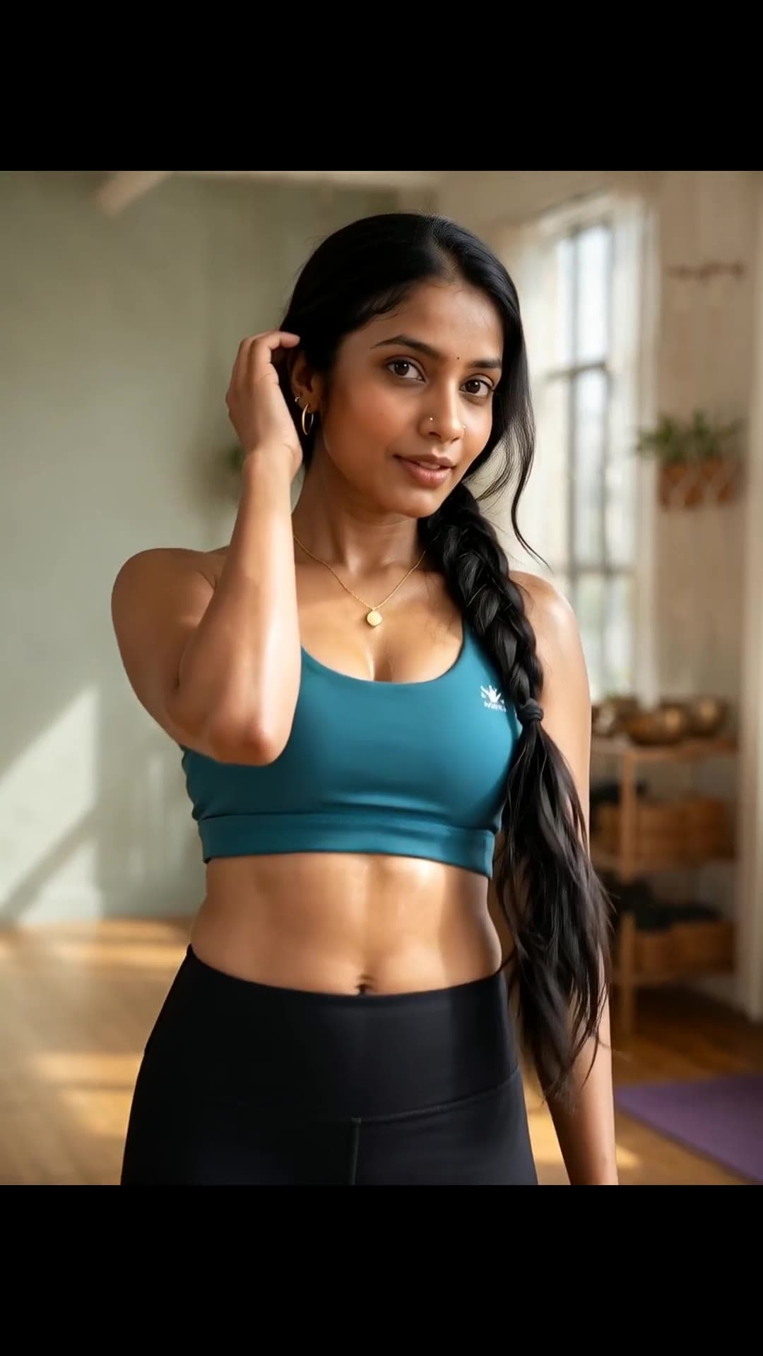 Athletic brunette in teal sports bra stretches in studio