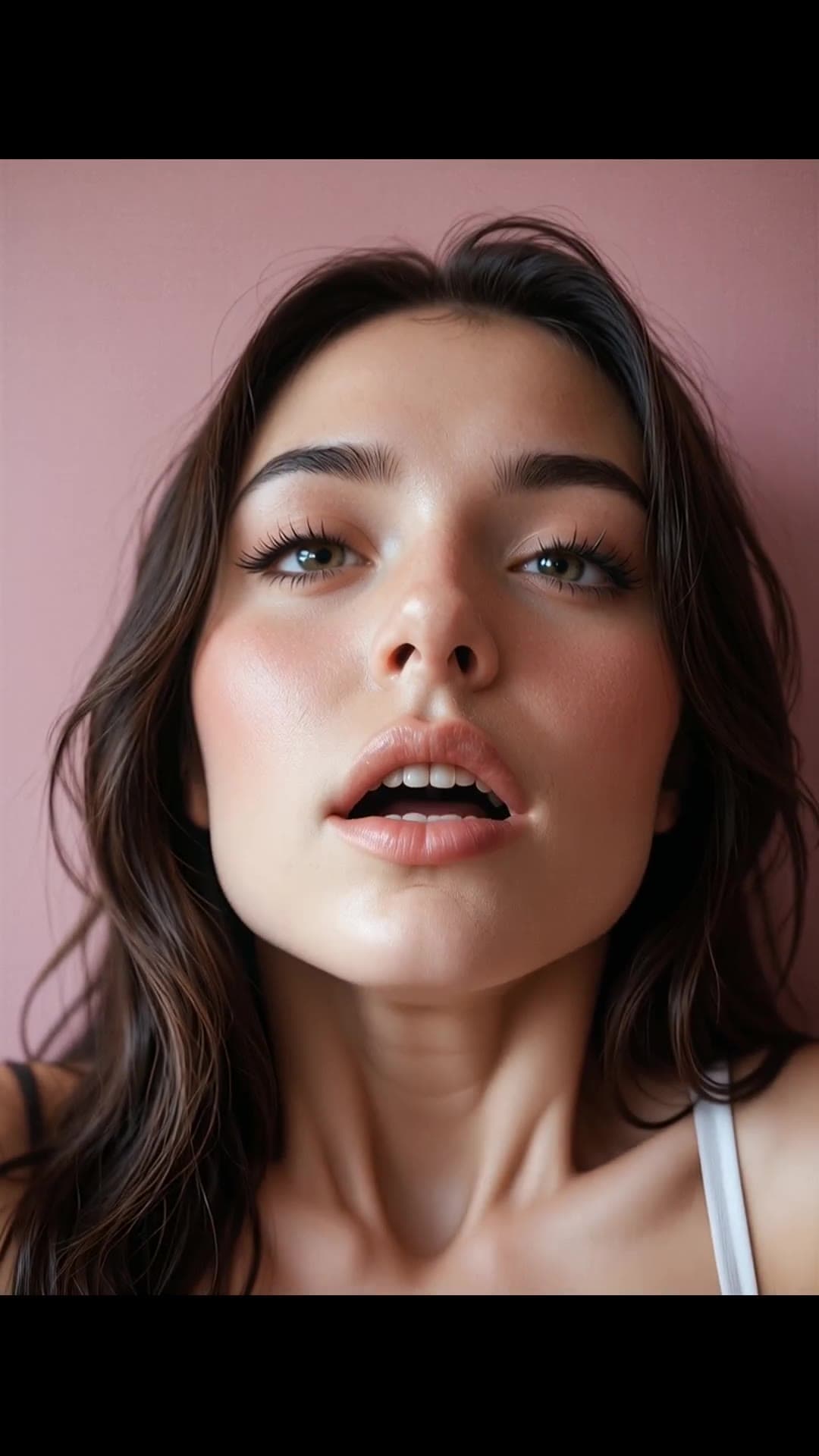 Long wavy dark hair green eyed babe close-up tongue out