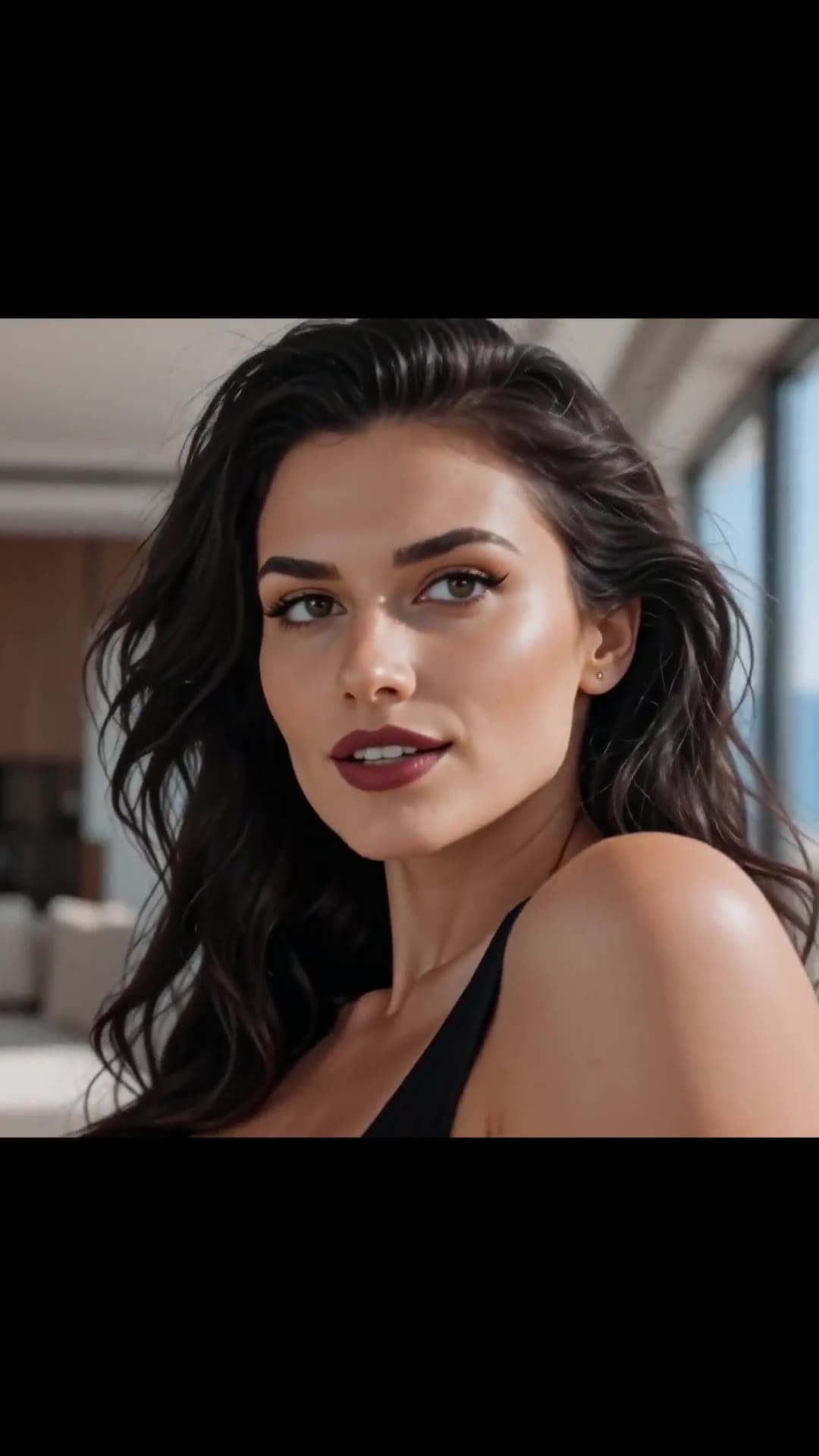 Curvy brunette in black top by bright windows