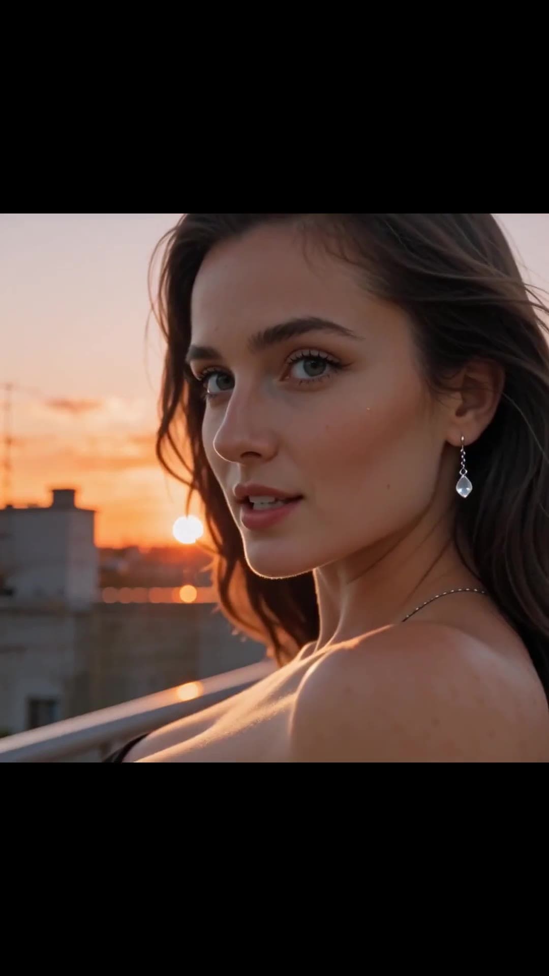 From behind over shoulder balcony topless at sunset