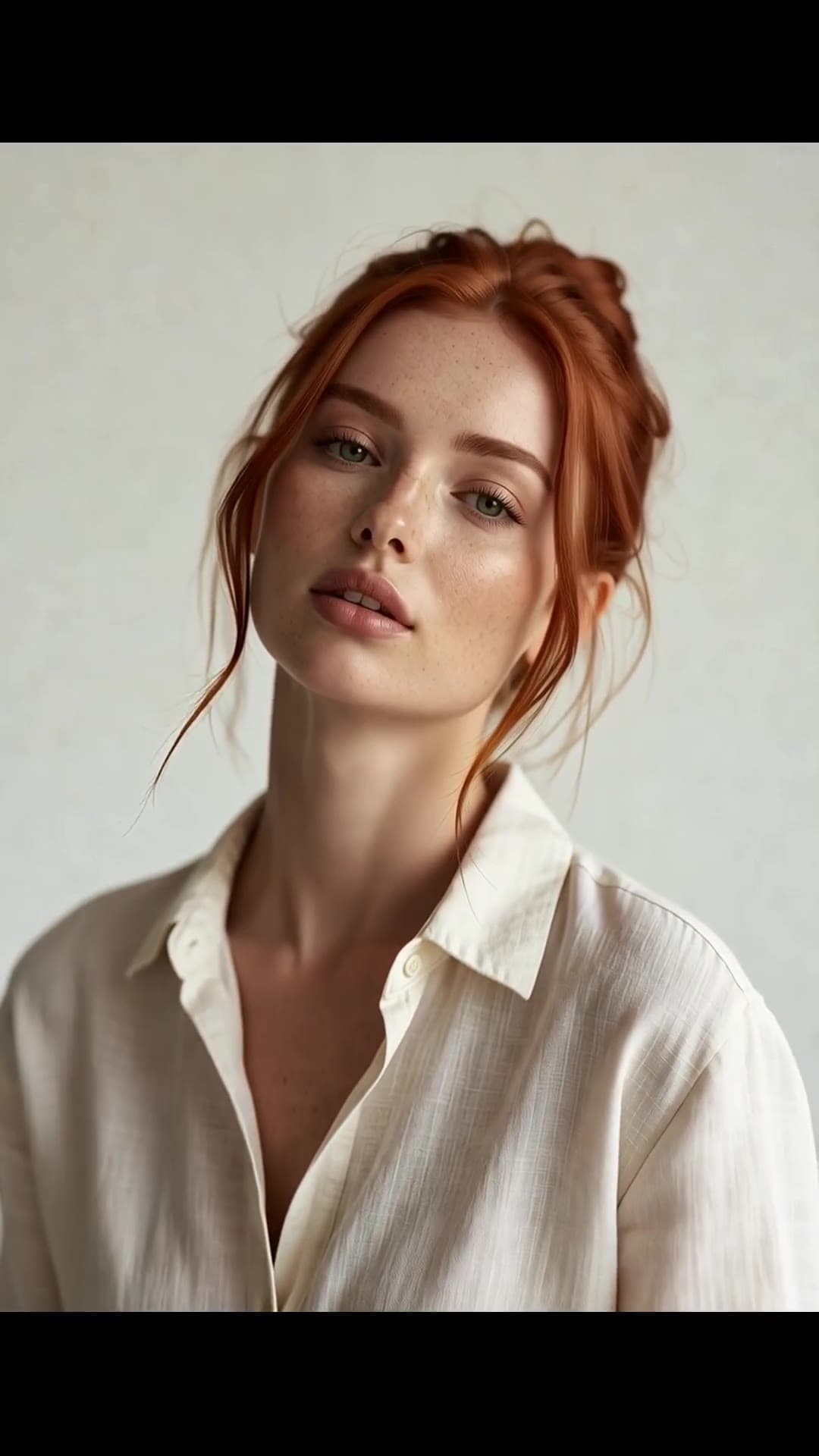 Athletic brunette curves in open linen shirt