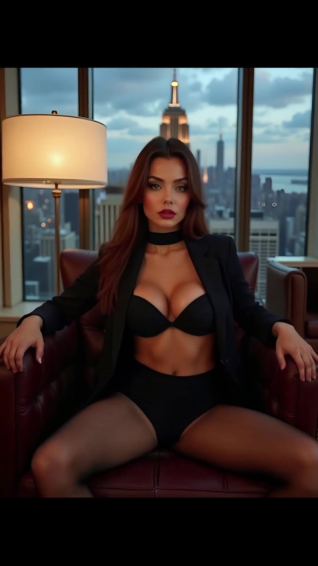 Legs spread wide in red armchair at dusk