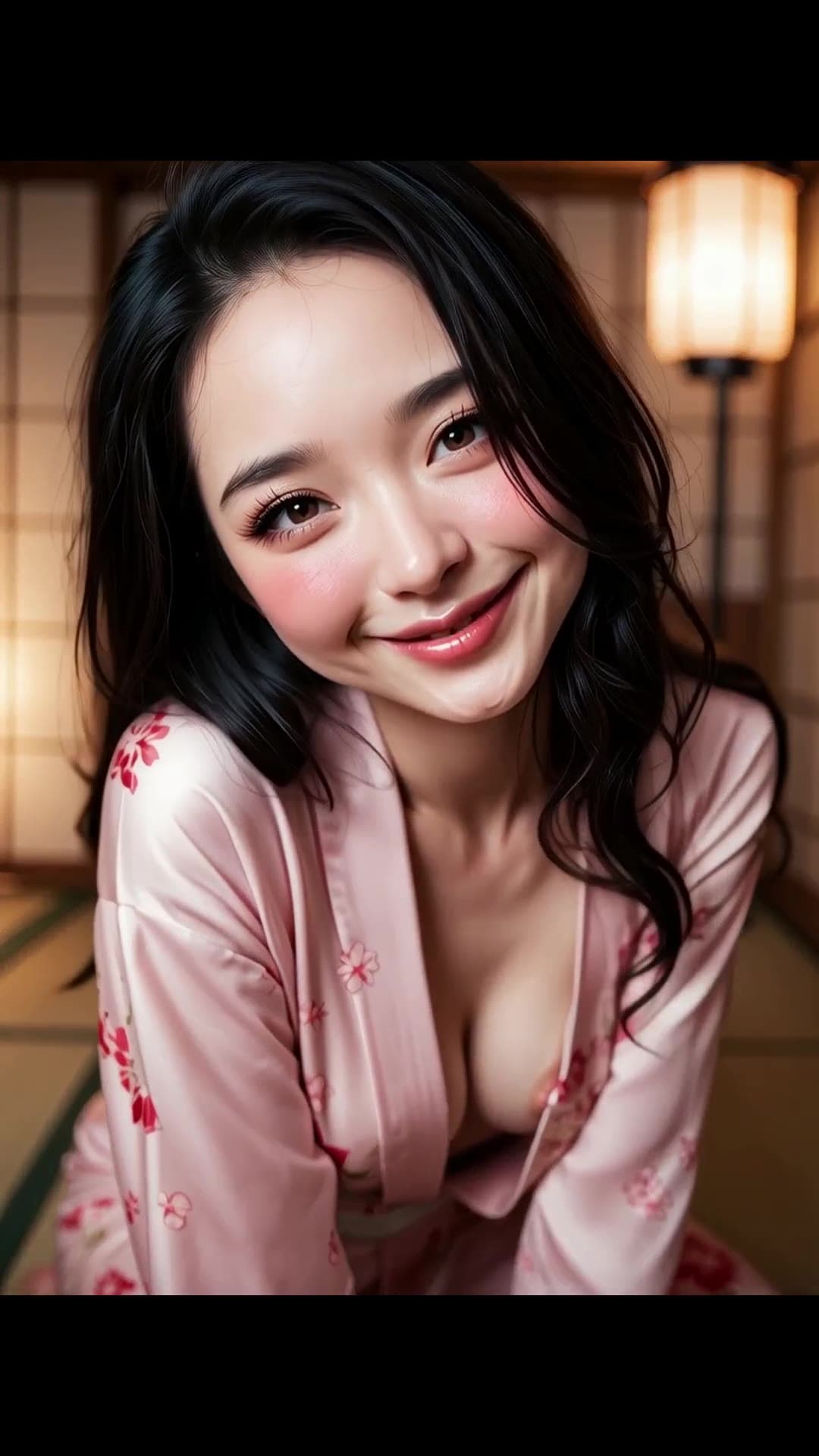 Raven haired Asian with brown eyes in open kimono