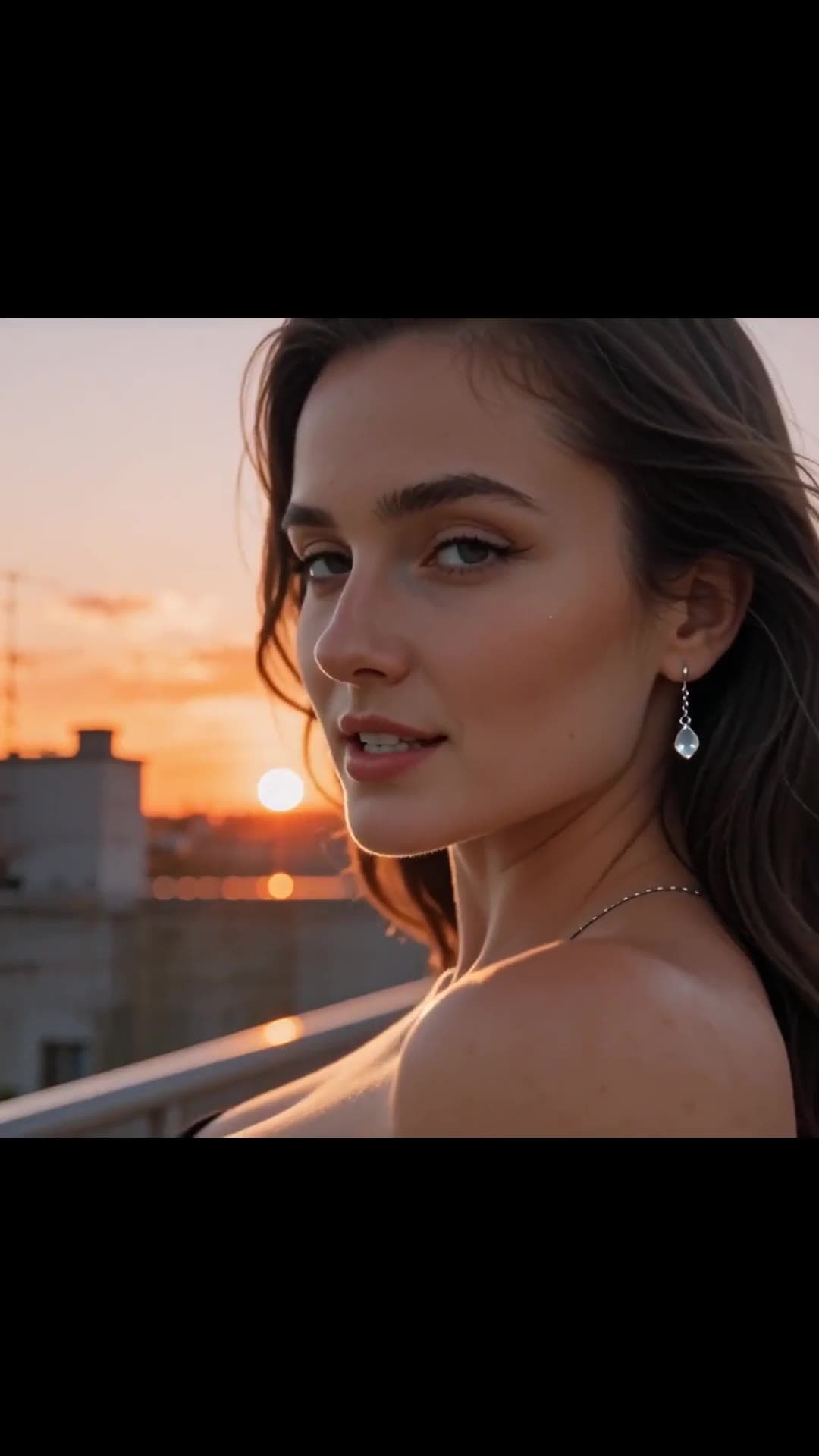 Curvy topless brunette sunset balcony close-up
