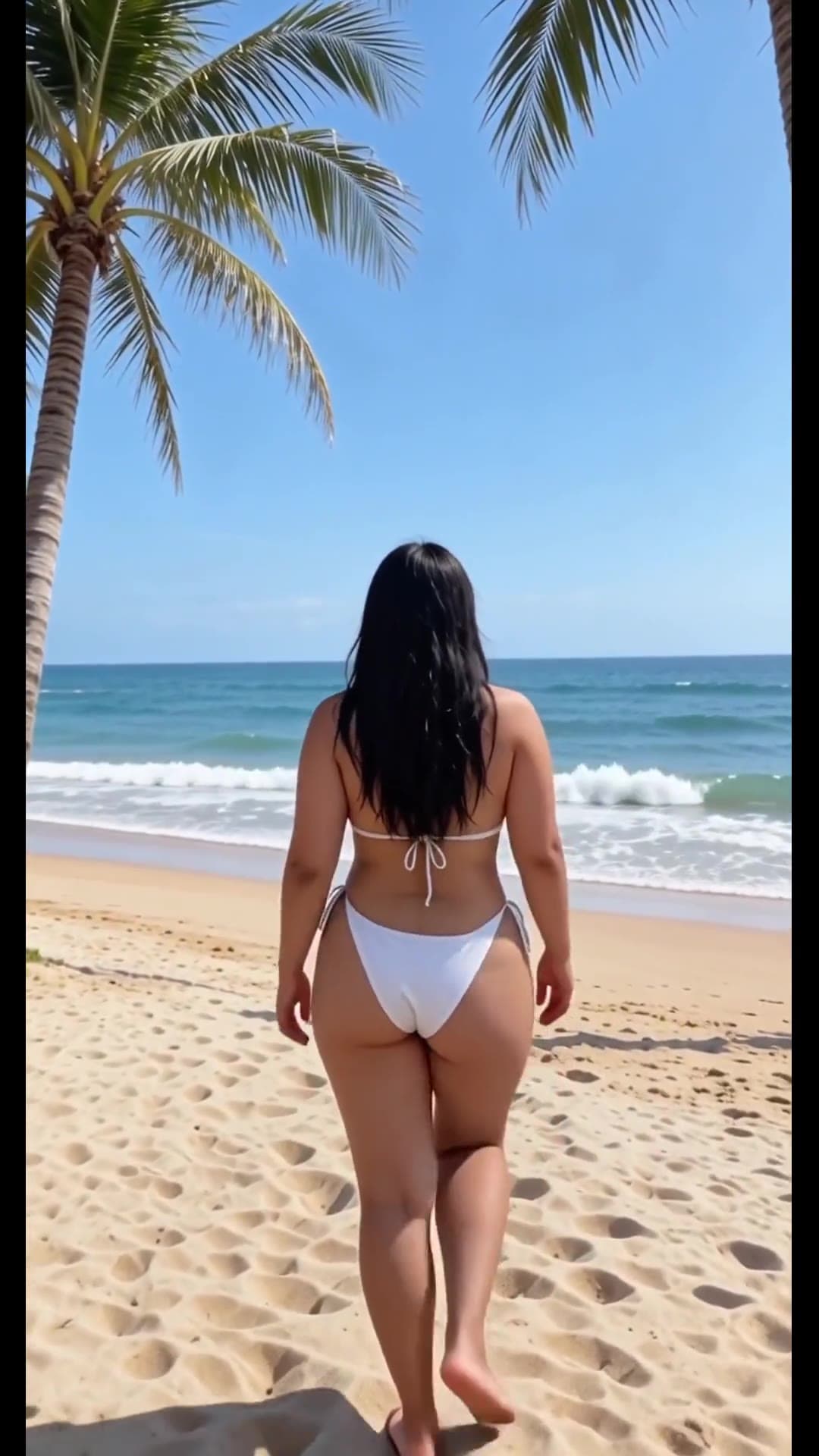 From behind curvy brunette in white bikini on beach