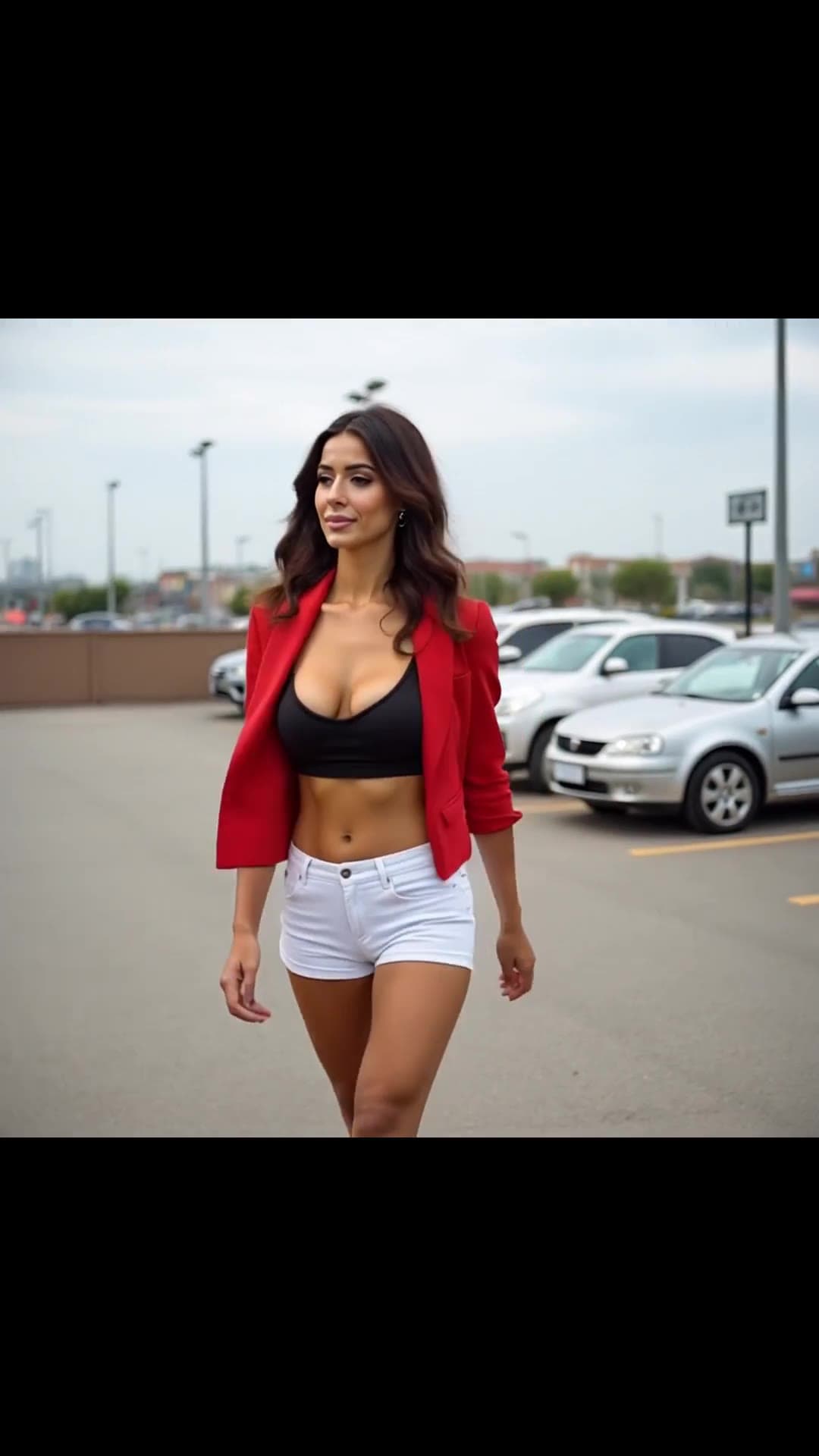 Curvy Asian in red blazer showing cleavage outdoors