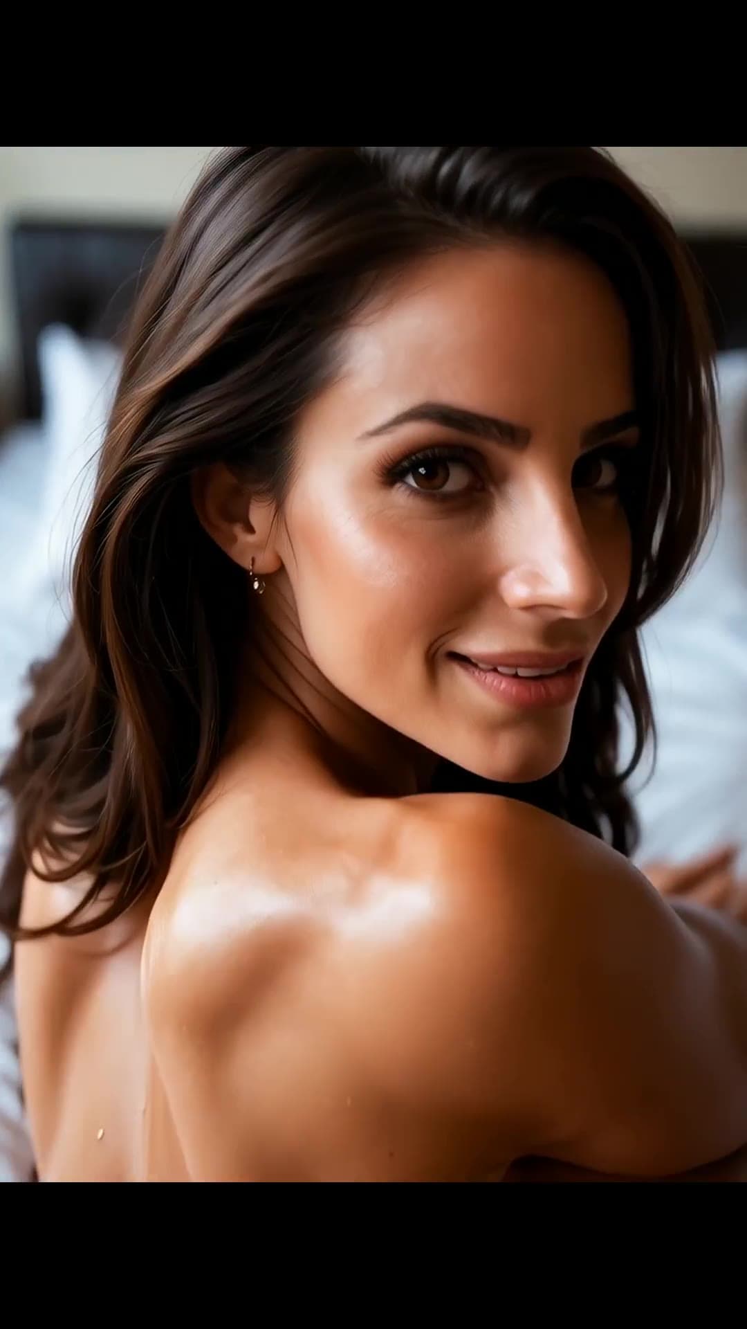 Young adult brunette topless over shoulder bedroom glance