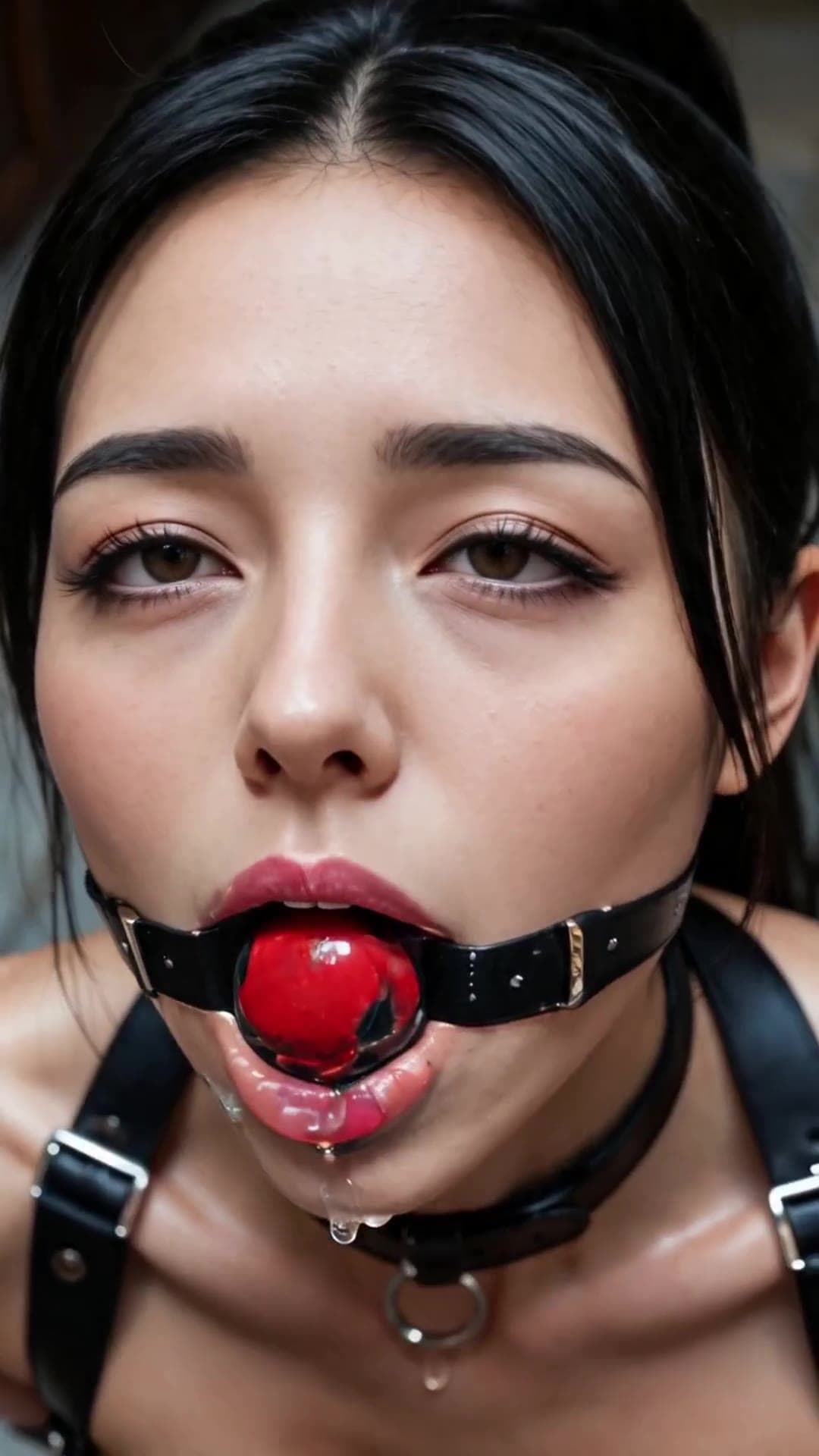 Raven haired Asian in black harness with red ball gag