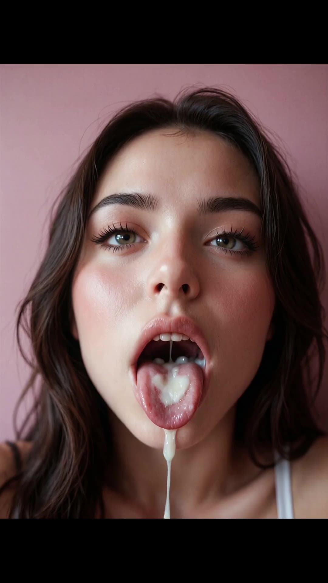 Asian cumshot close-up in white top against pink wall
