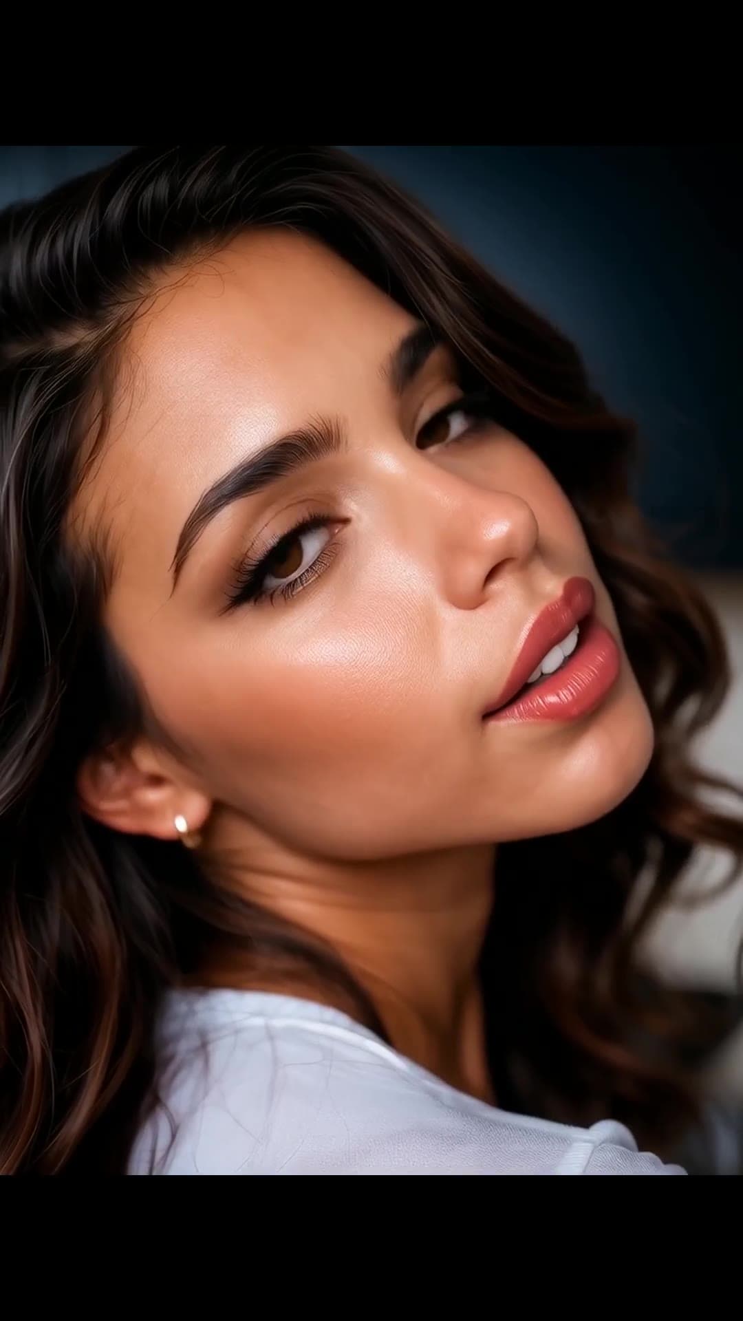 Young adult brunette close up with parted lips