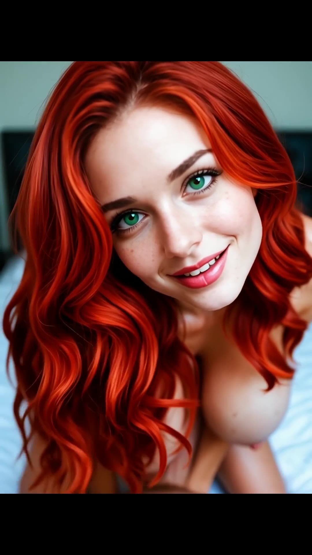 Young adult topless redhead on bed close up