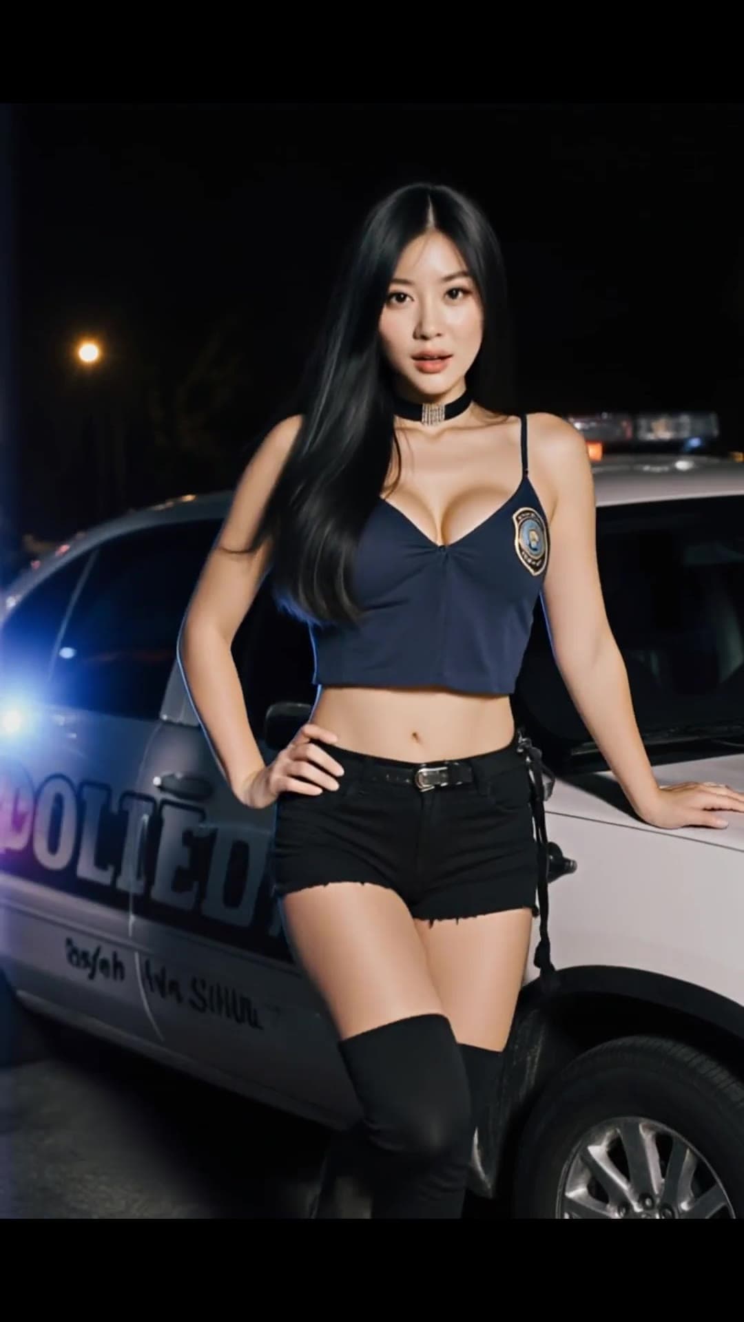 Curvy Asian in police crop top by flashing cop car
