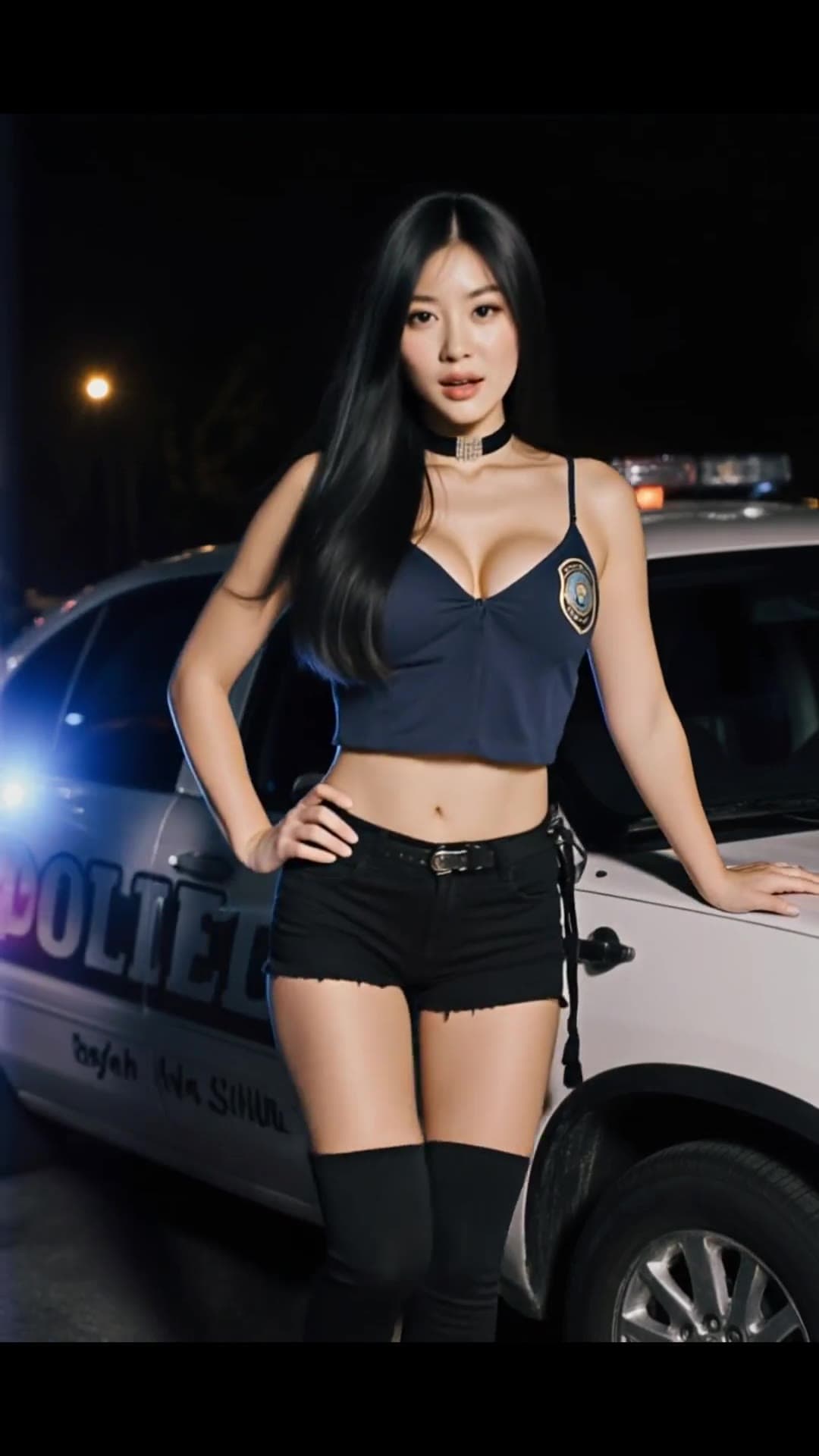 Young adult Asian in police crop top by cruiser