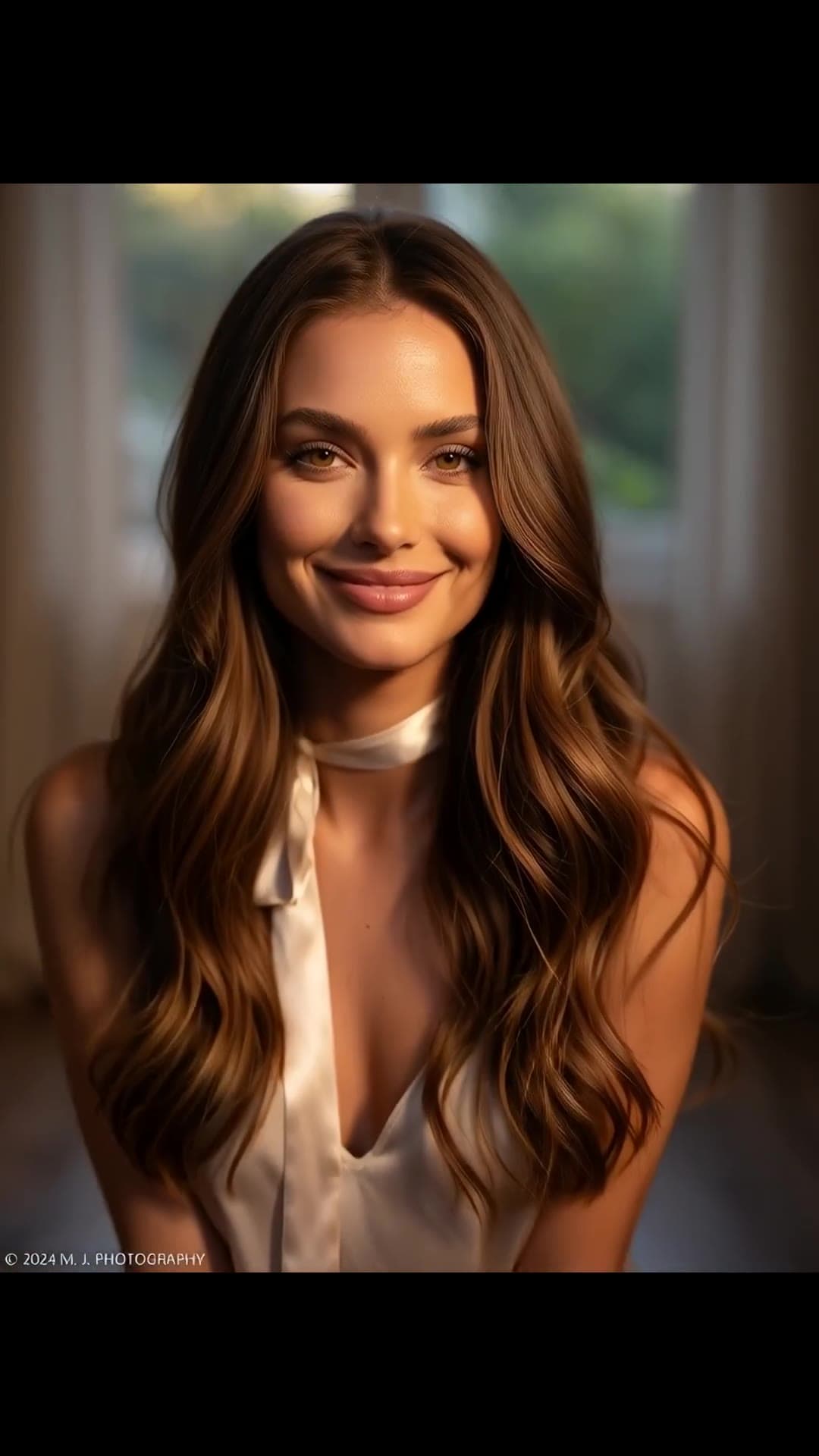 Young adult brunette cleavage in white satin halter