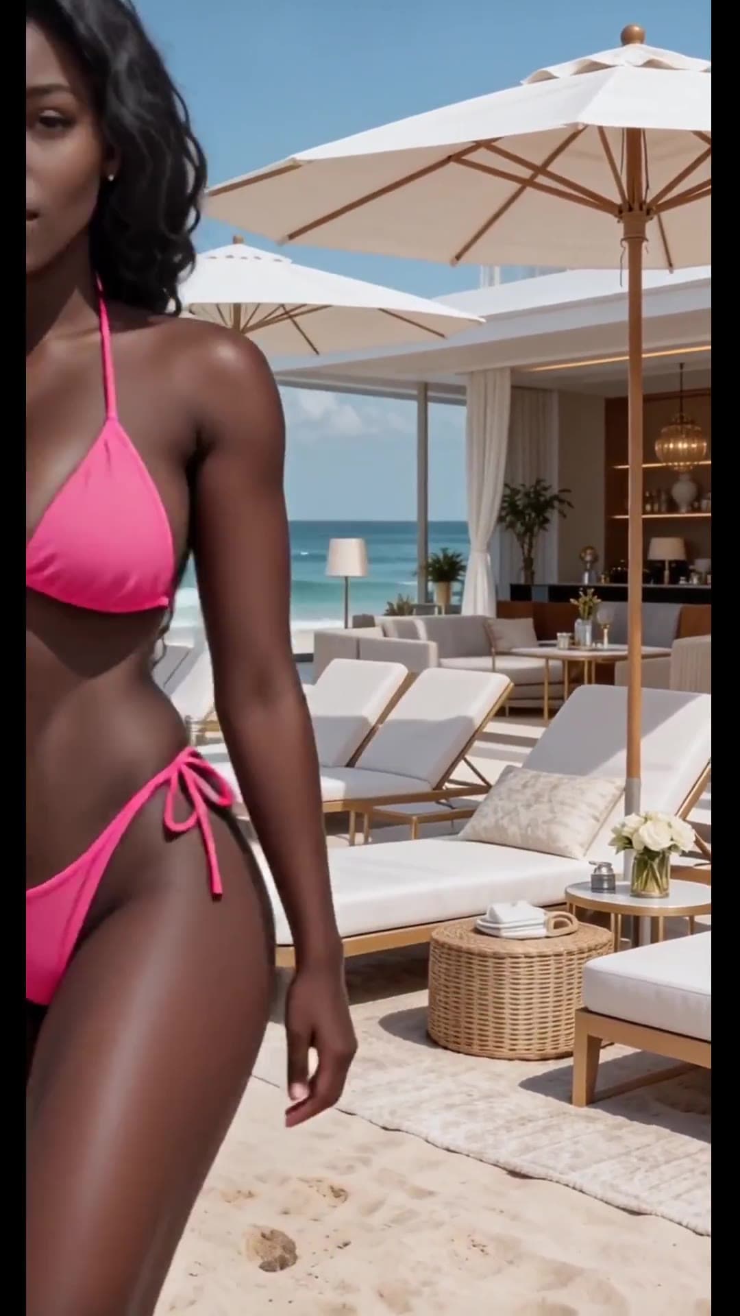 Low side angle pink bikini beach pose