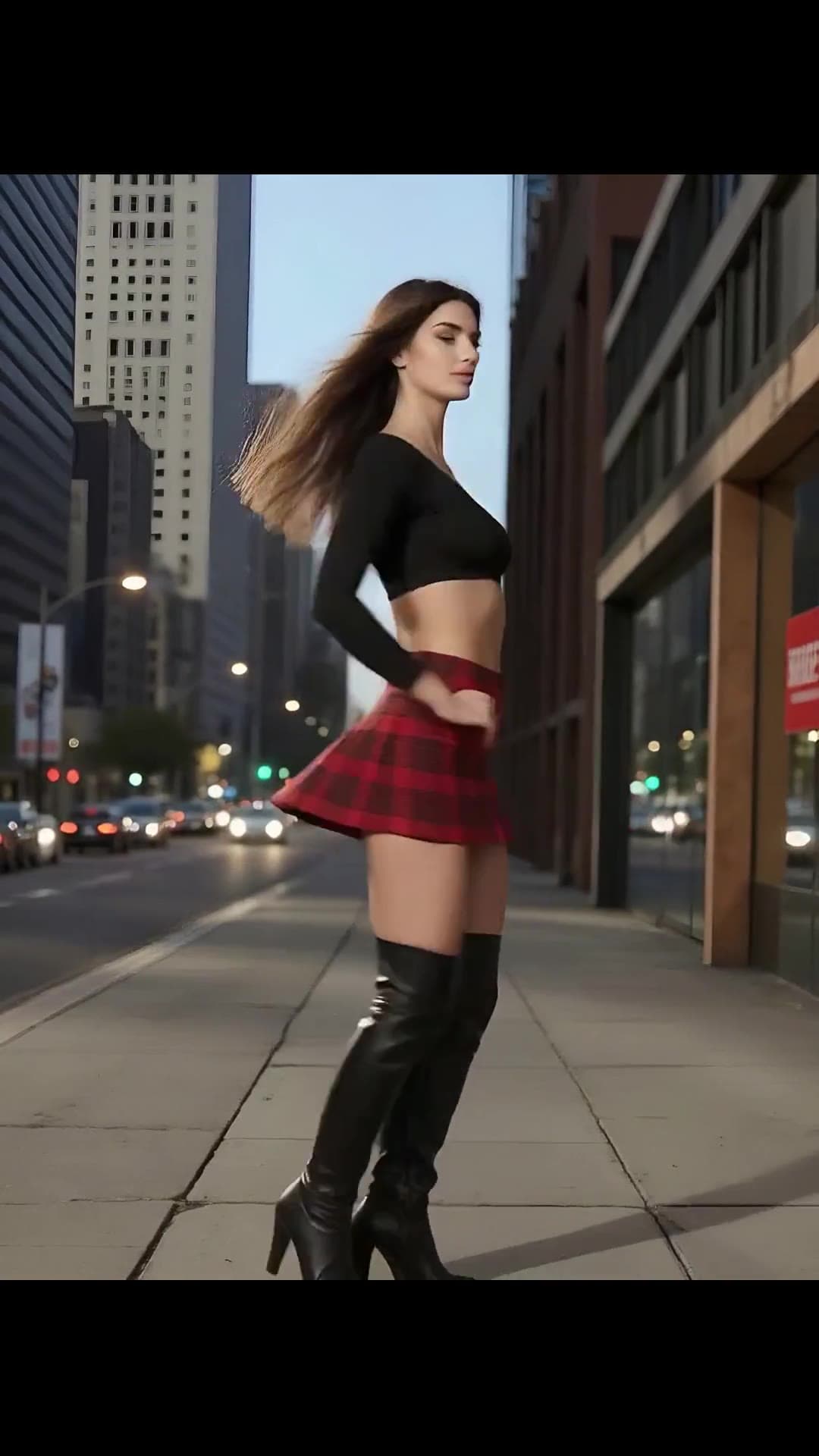 Low angle side view brunette plaid skirt sidewalk