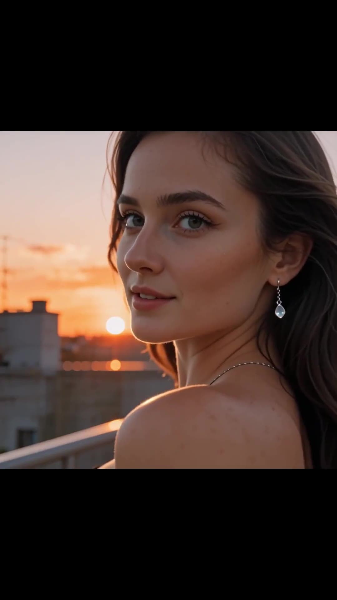 Green eyed brunette looks back on balcony at sunset