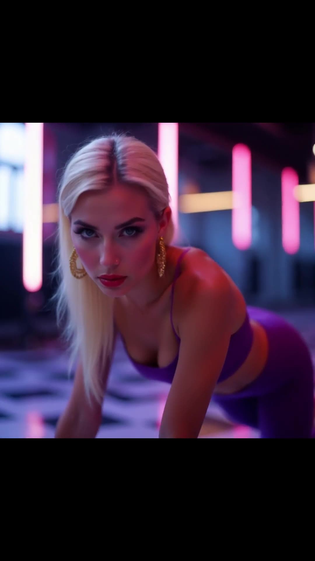 Early 20s curvy blonde in purple gym wear on all fours