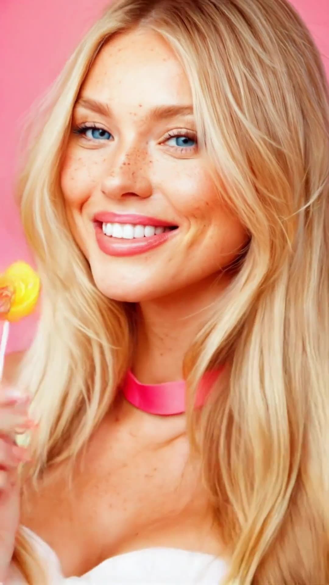 Close-up pink choker cleavage with yellow lollipop