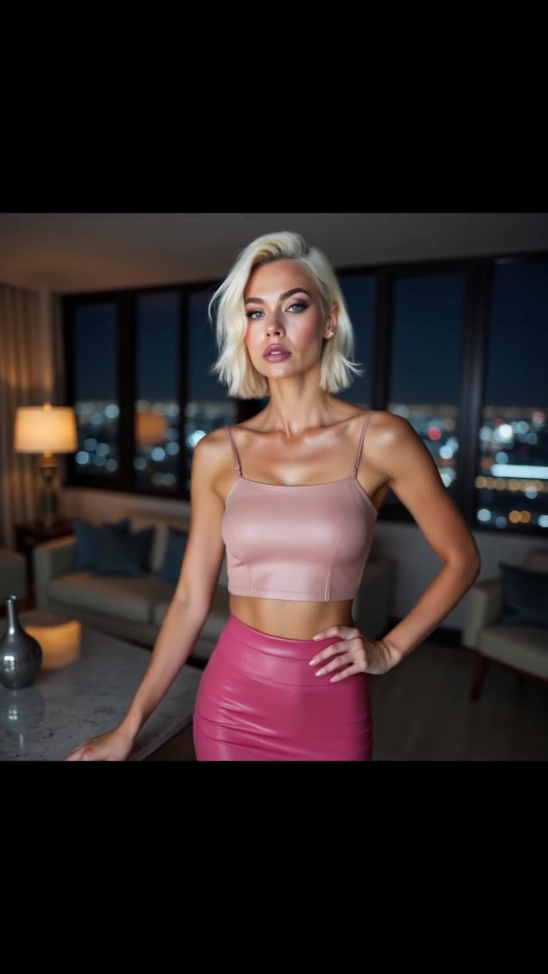 Blonde fitness model in pink leather crop top and mini skirt