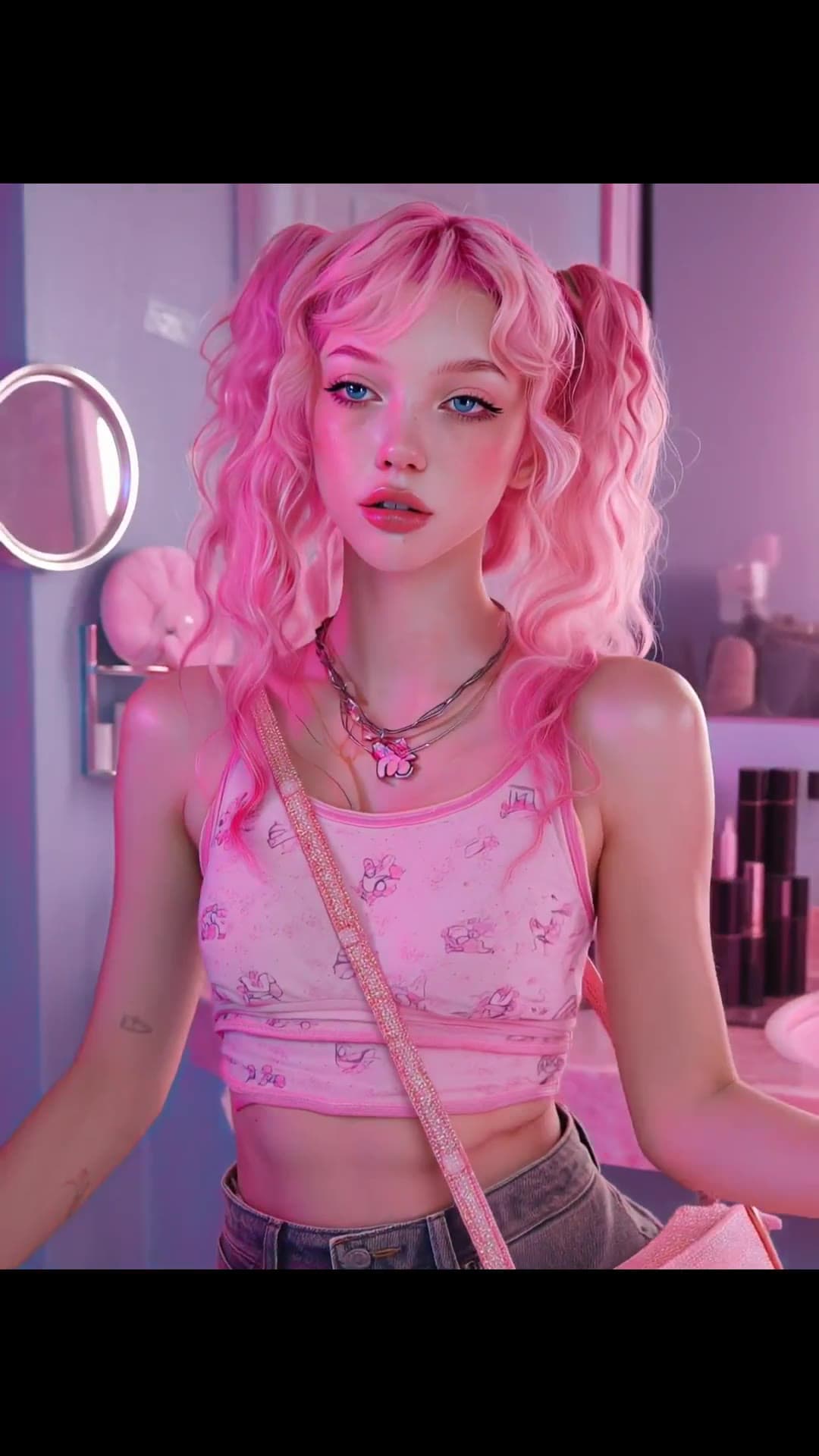 Pink pigtails blue eyes glossy lips bathroom closeup