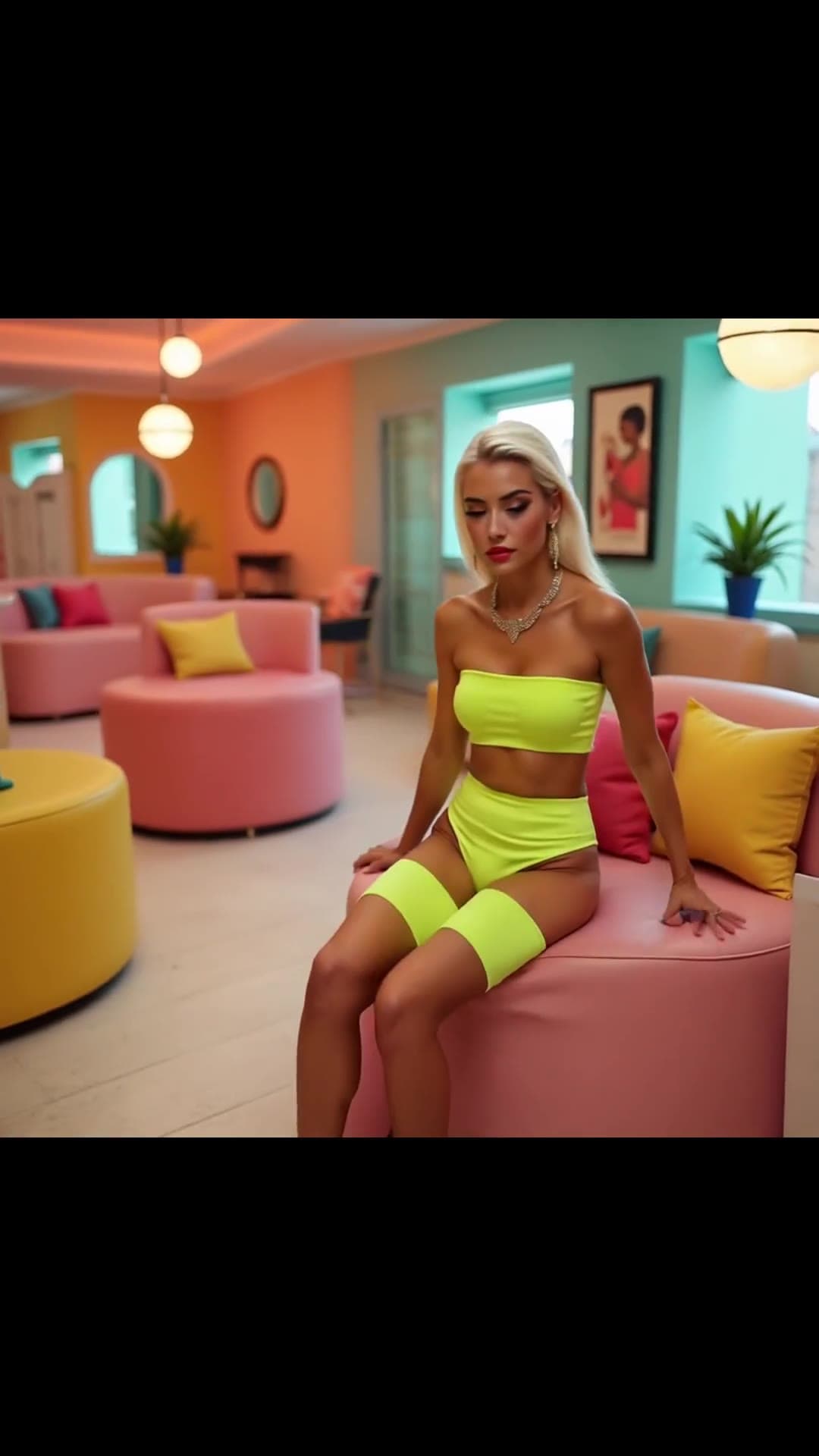 Curvy Latina in neon yellow mini skirt on pink couch