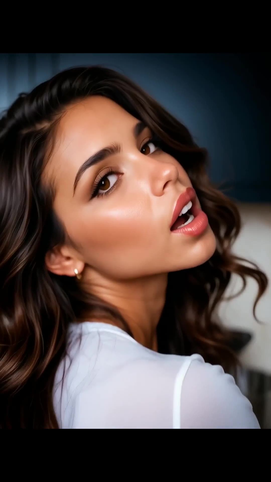 Curvy brunette close up sheer top cleavage