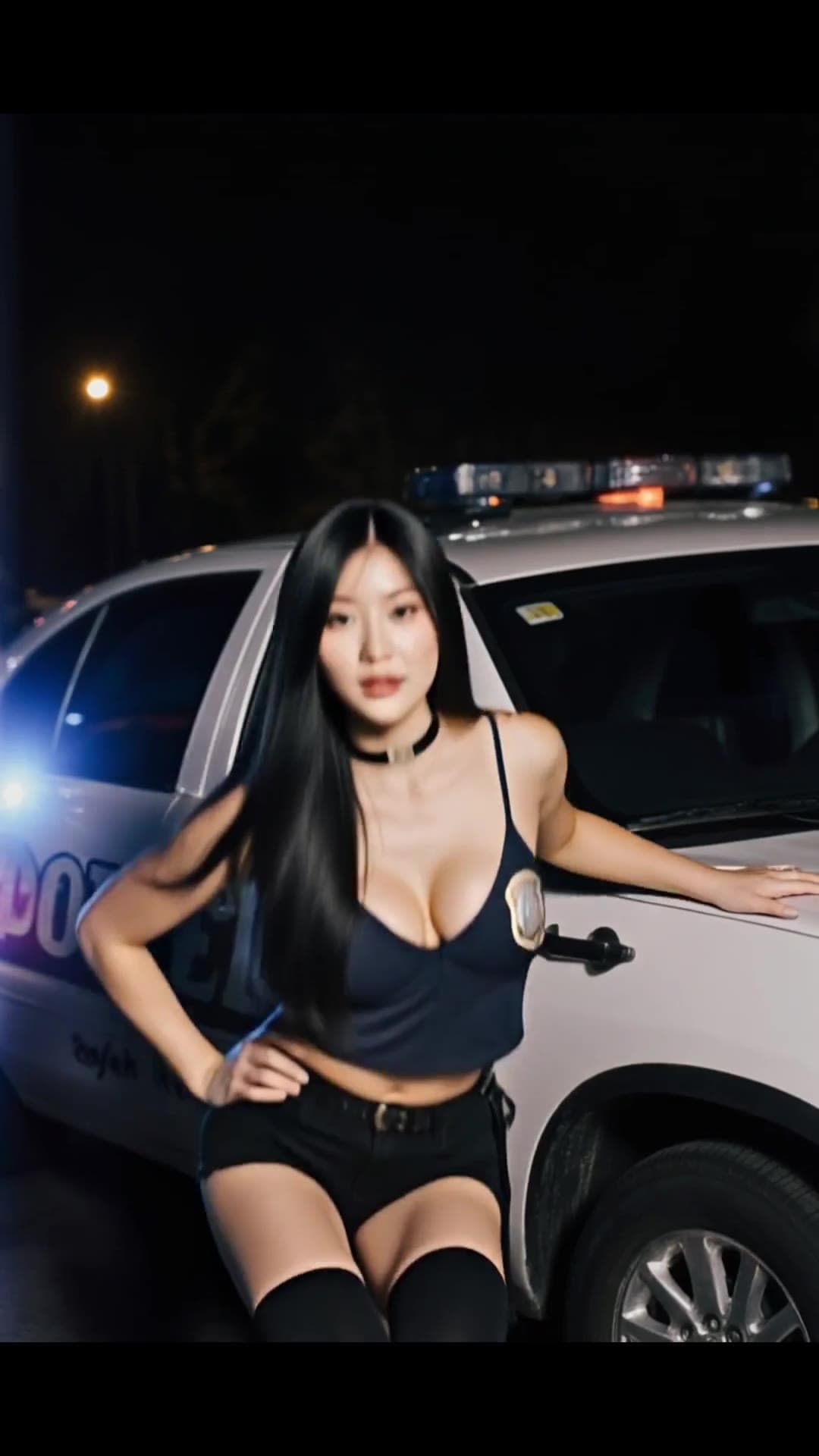 Latina police uniform tease on cop car at night