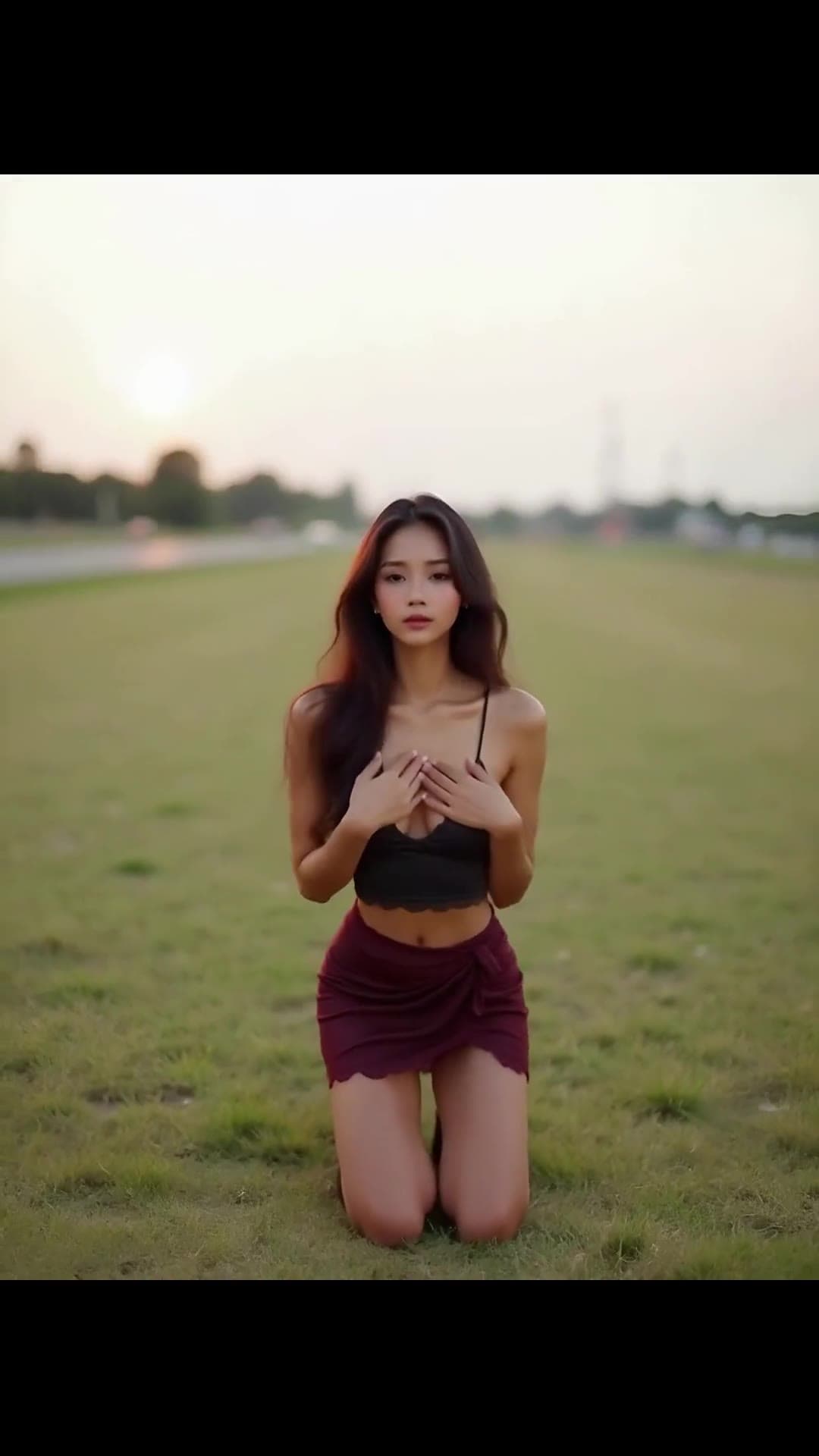 Asian brunette cups small tits outdoors at sunset