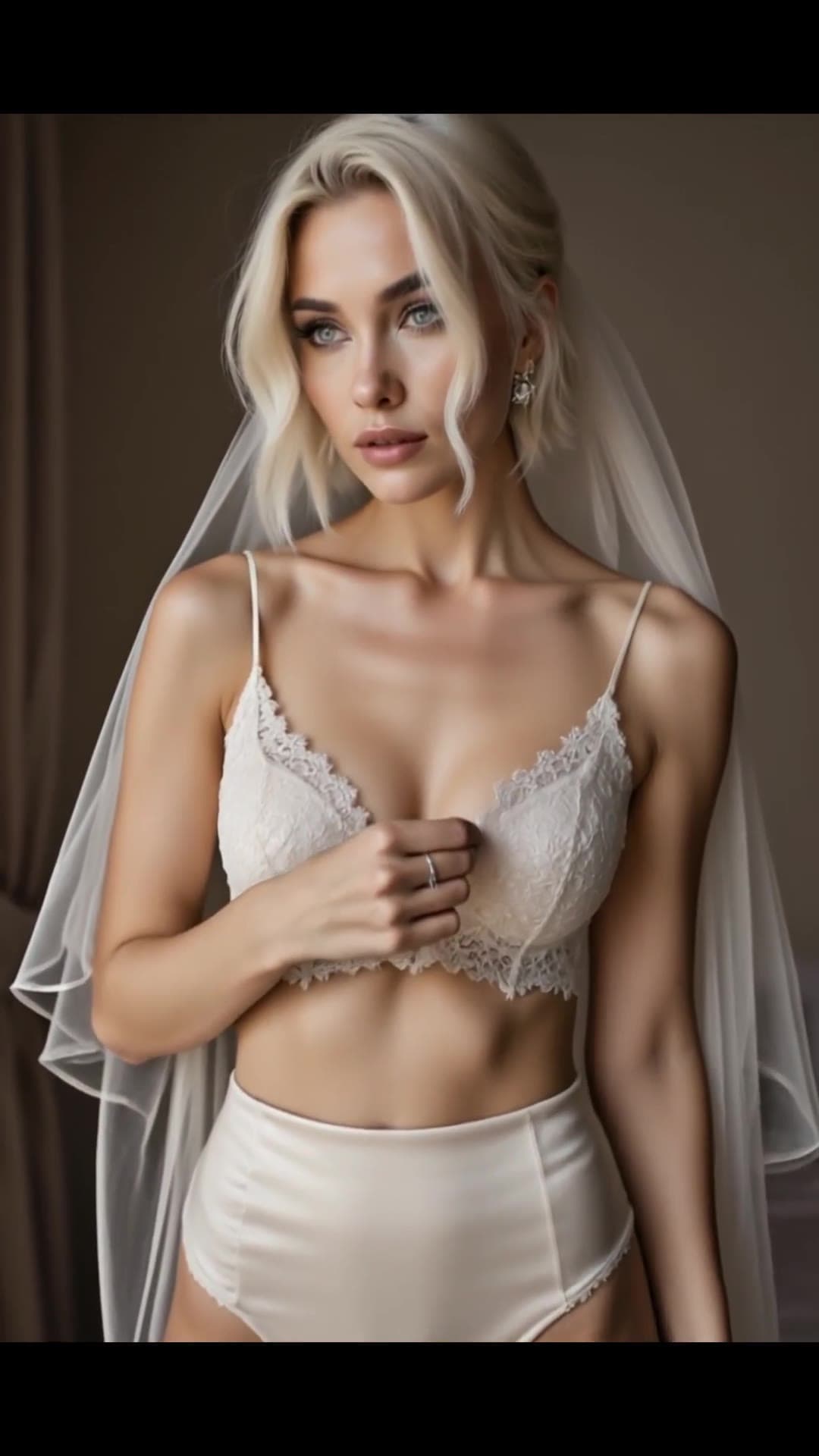 Platinum blonde close-up in sheer veil and lace