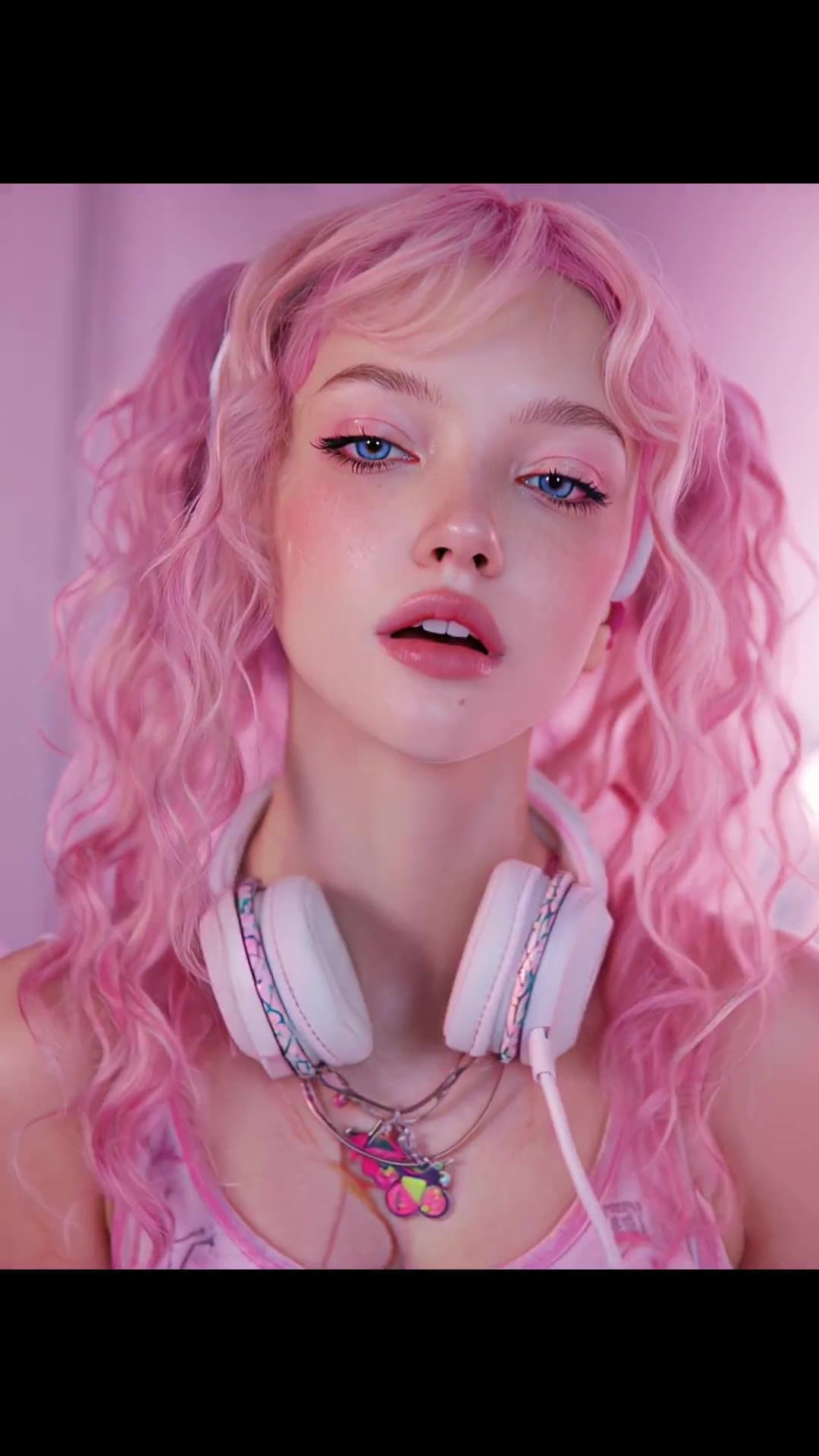 Pink pigtails blue eyes close-up cleavage shot