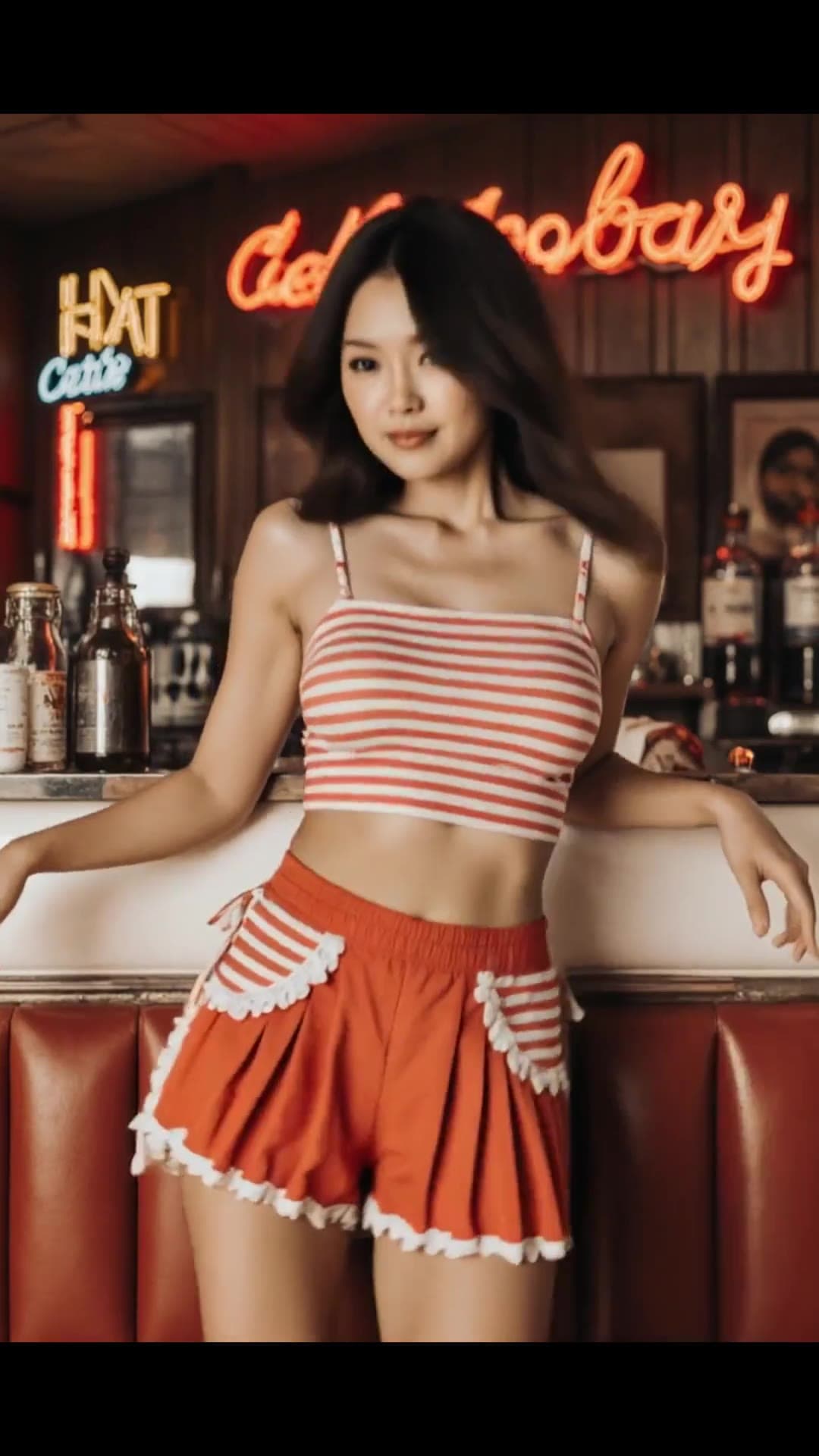 Young adult slim blonde at retro diner bar