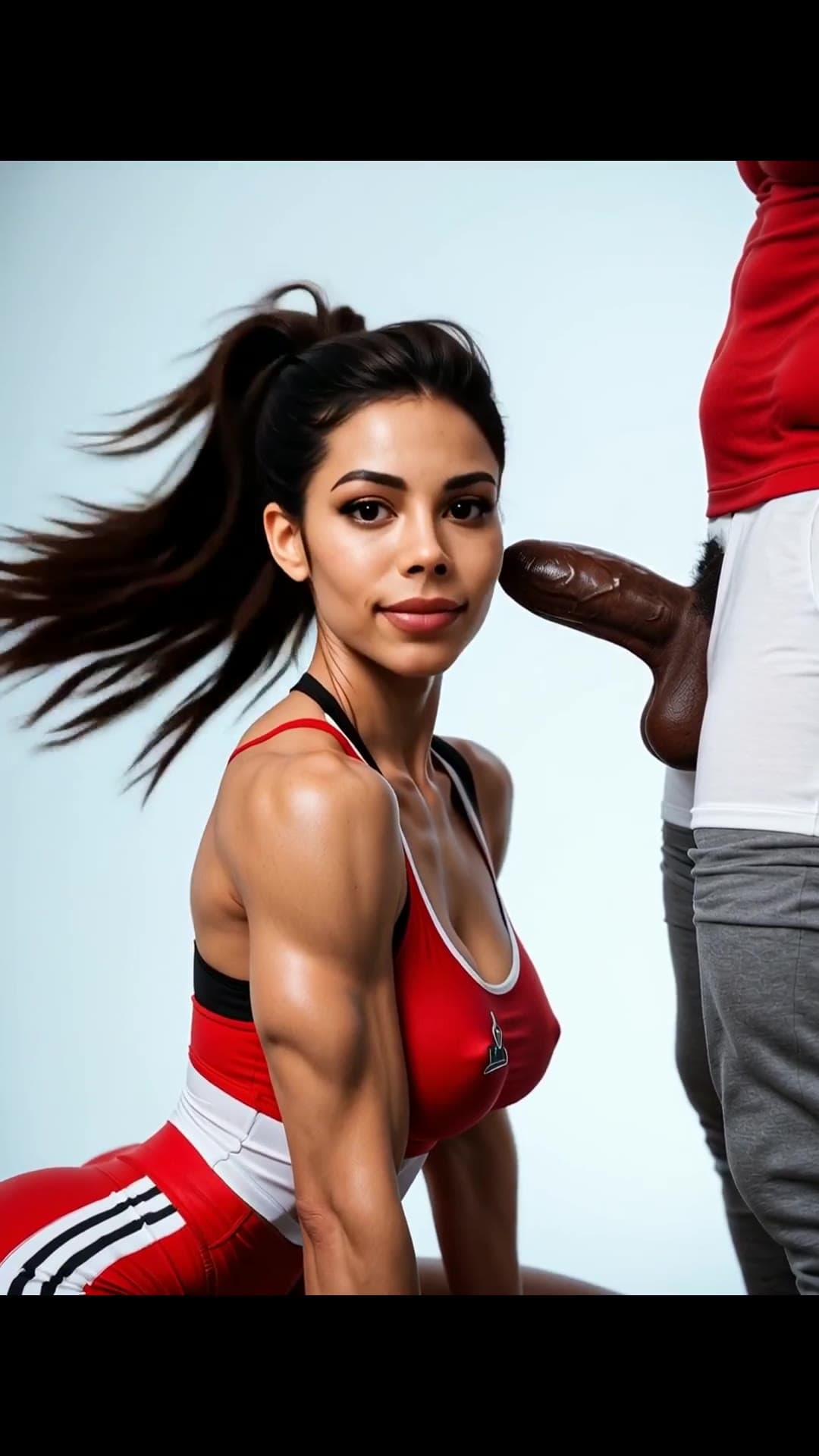 Studio athletic wear with cock on cheek