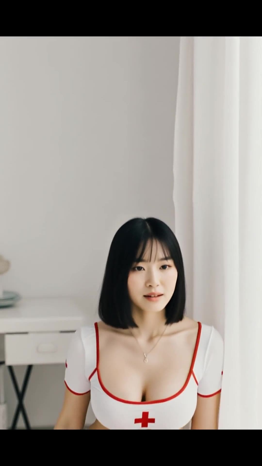 Nurse outfit cleavage in bright white room