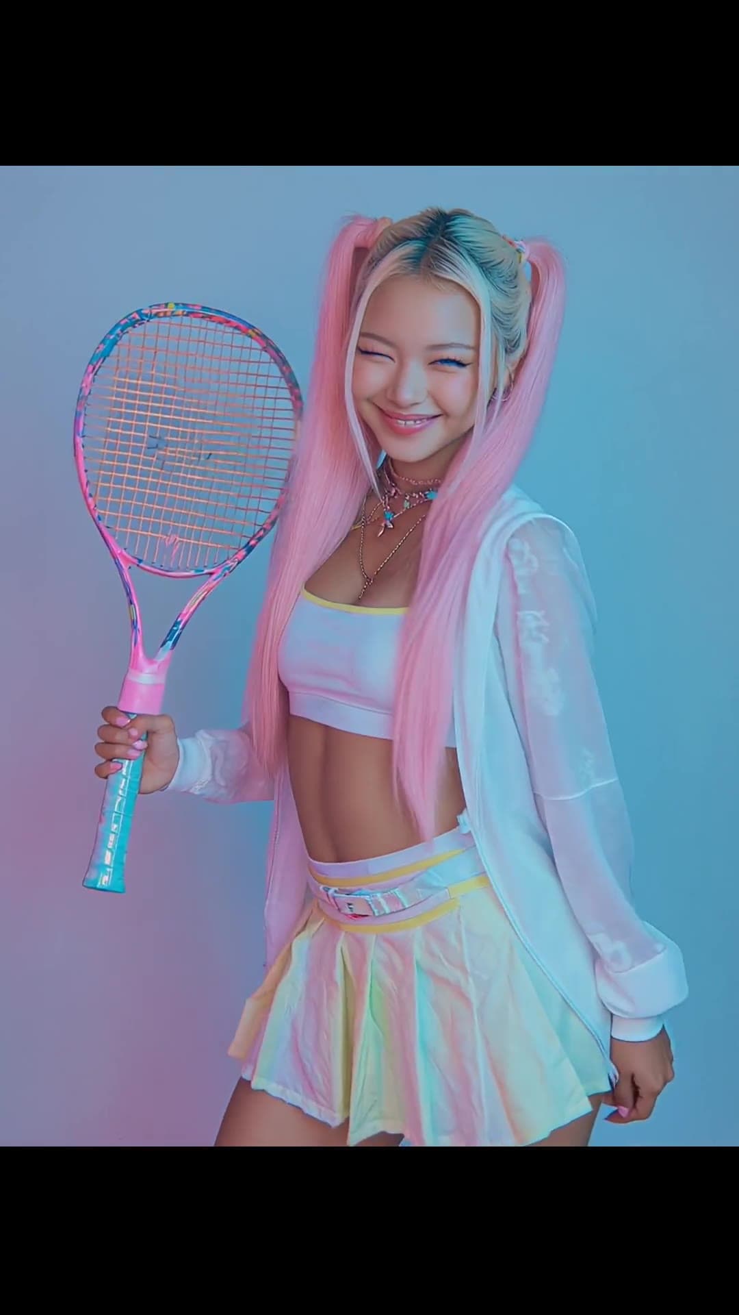 Pink pigtails athletic brunette tennis skirt tease