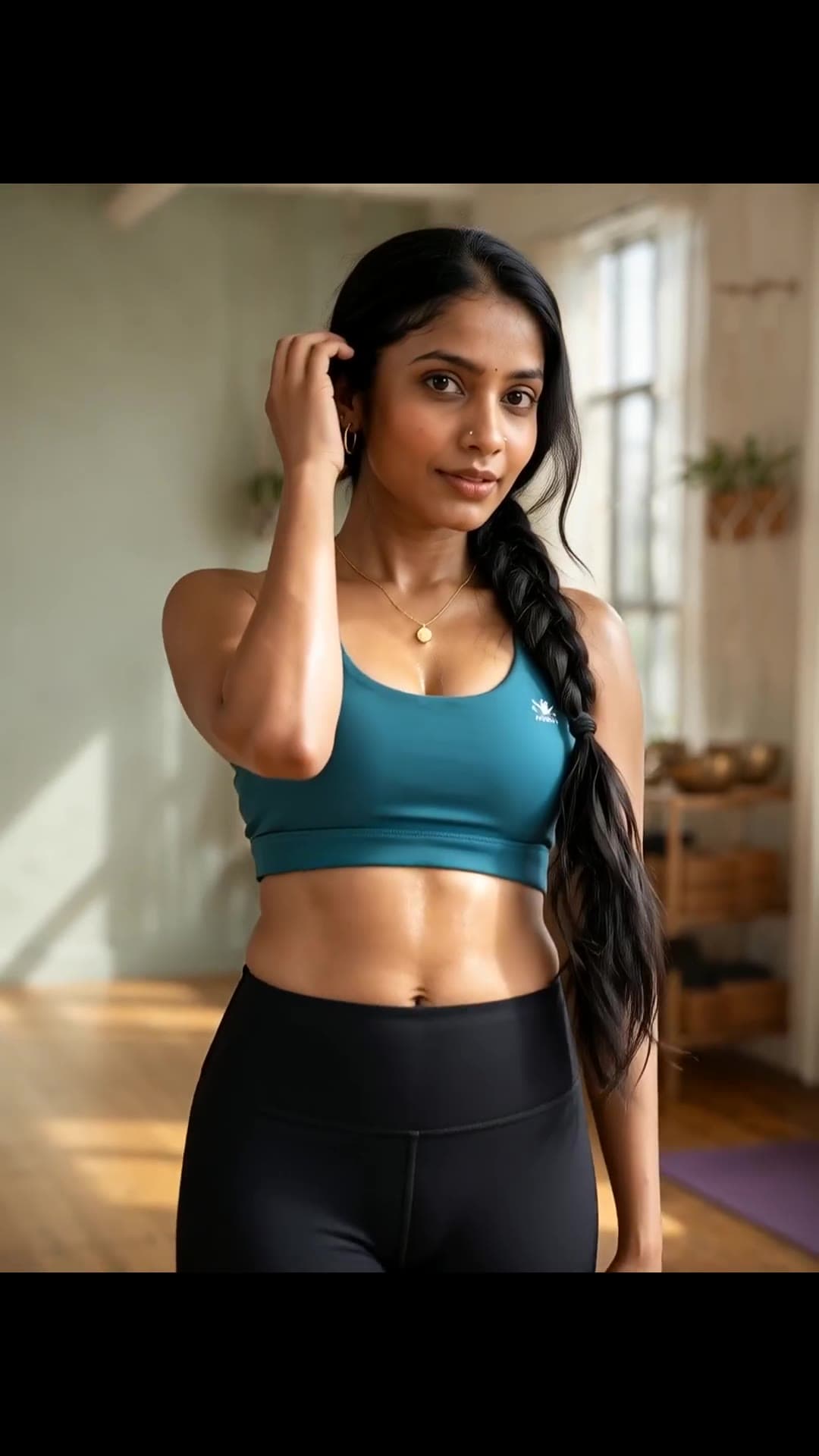 Athletic brunette in teal sports bra studio stretch