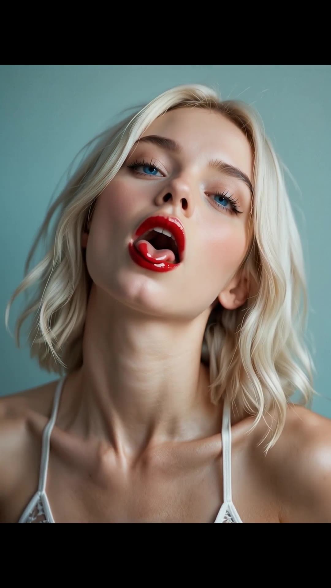Close up POV tongue out blonde blue eyes