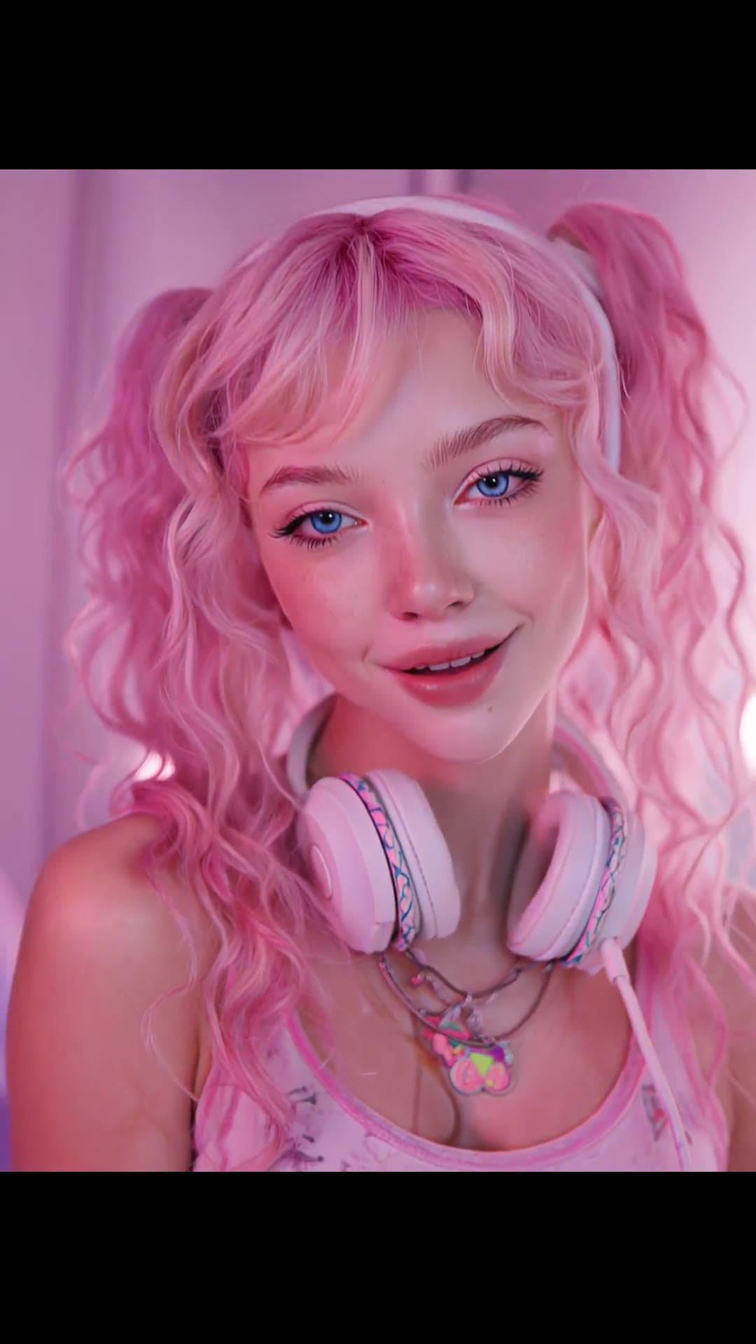 Pink pigtails blue eyes cleavage selfie in neon bedroom