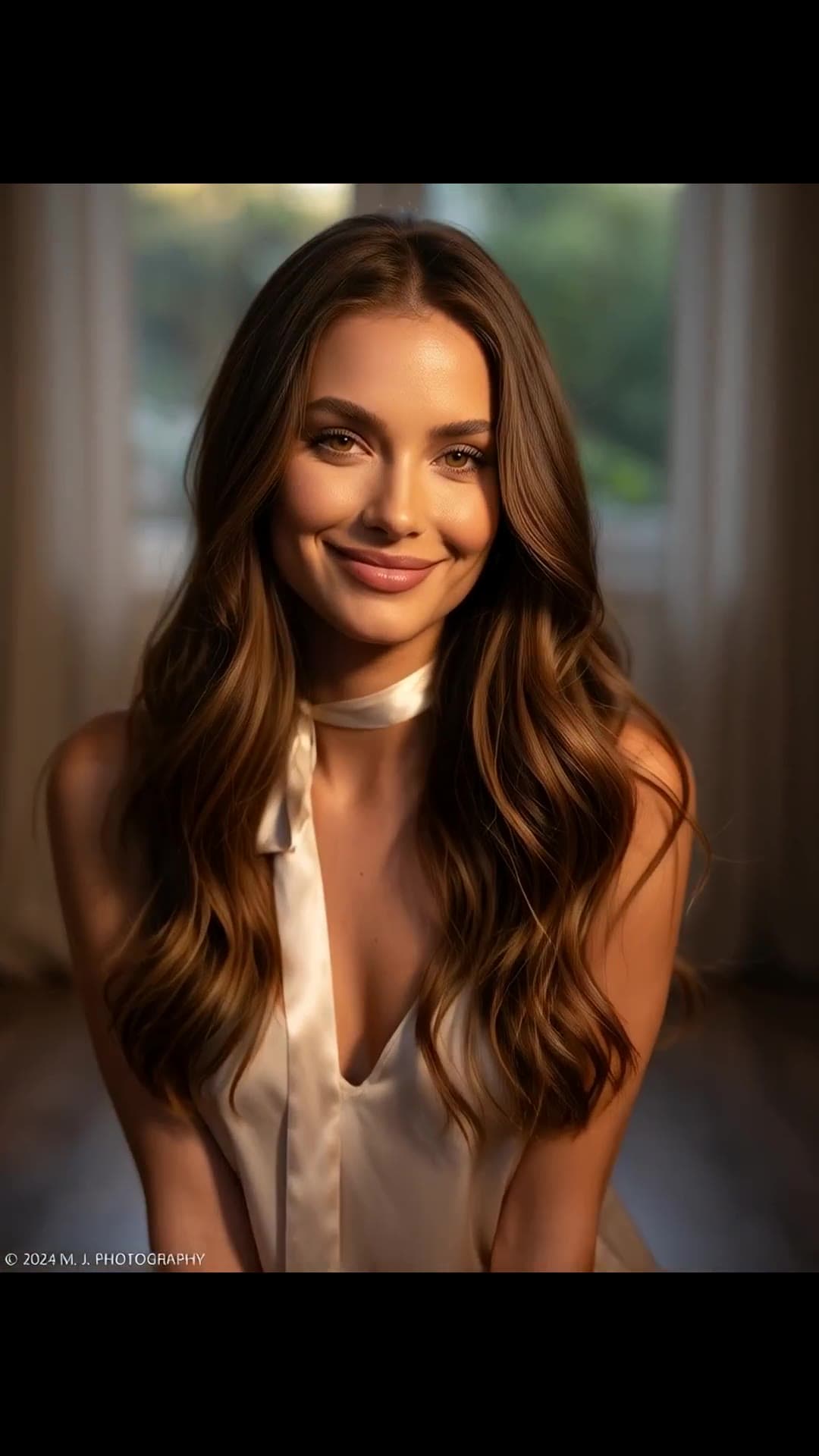 Low cut white satin dress cleavage in sunlit room