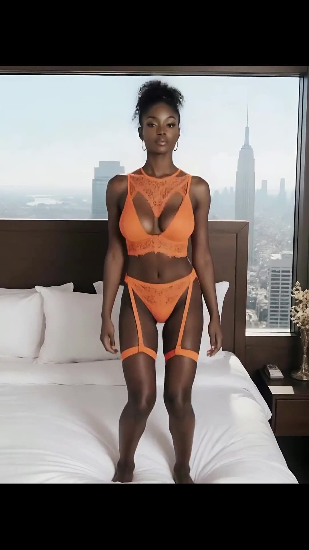 Early 20s curvy brunette in orange lace lingerie