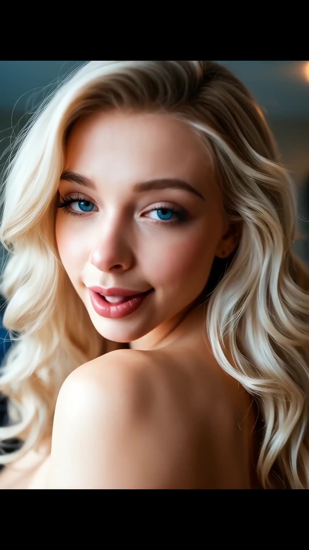 Curvy blonde topless shoulder look back