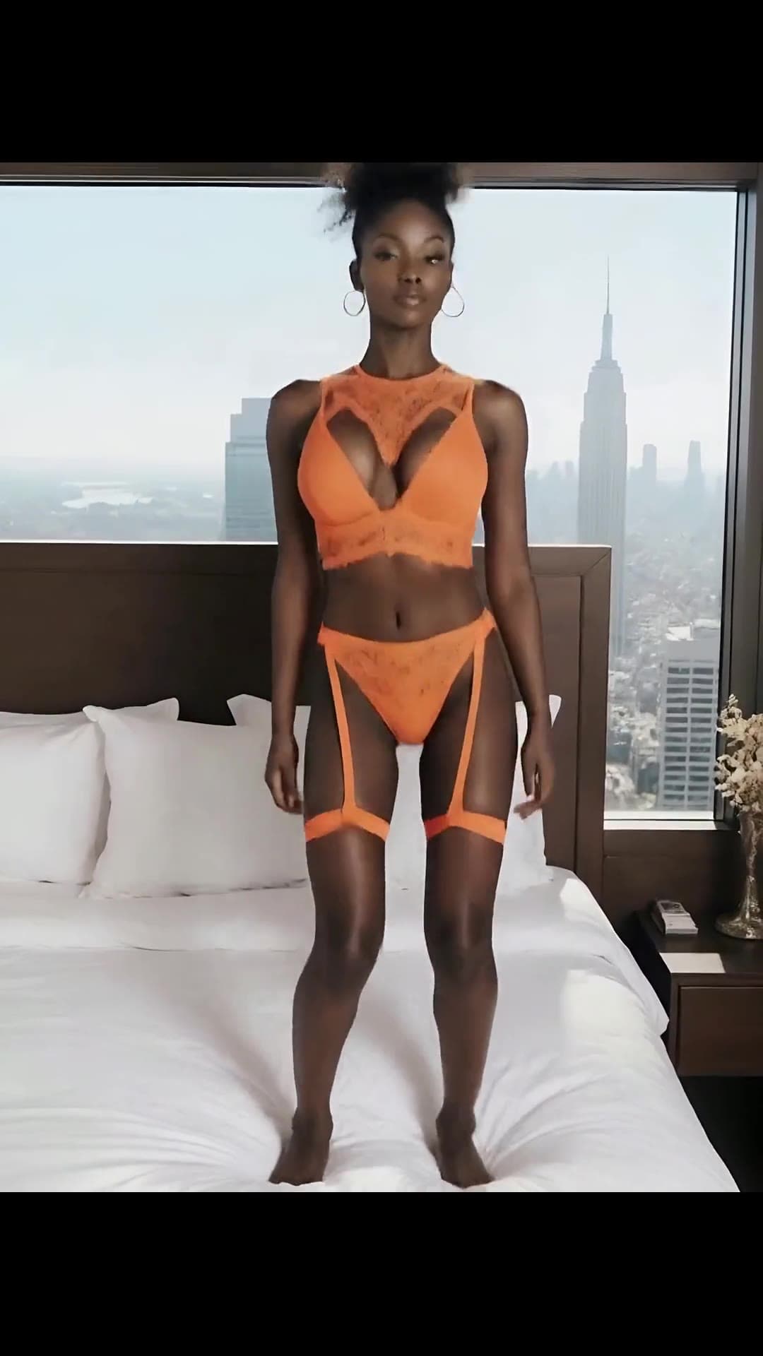 Athletic redhead in orange lace lingerie bedroom