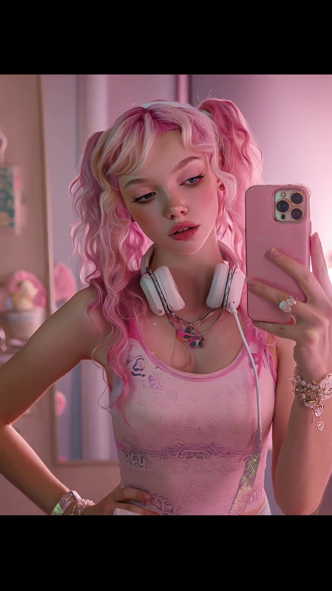 Pink pigtails selfie in bedroom tank top
