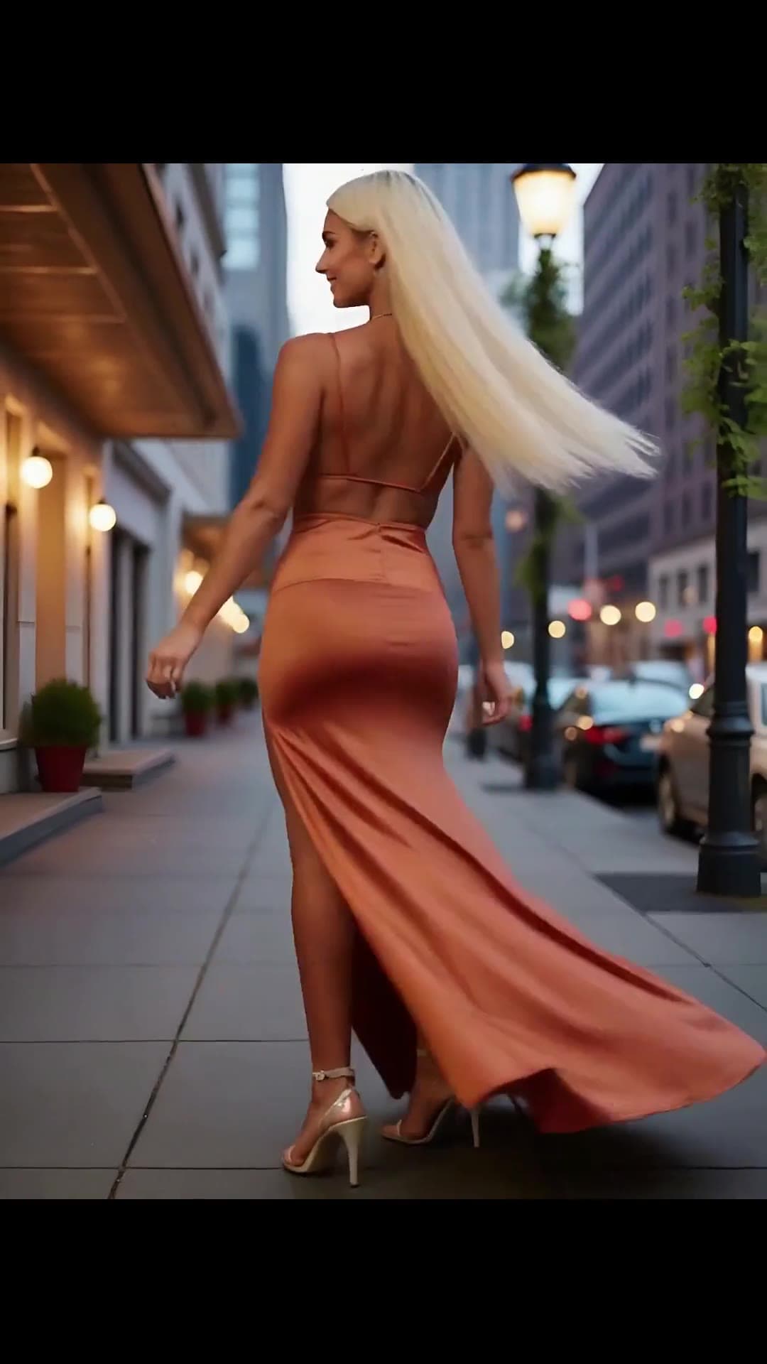 Curvy blonde in backless peach gown walks city street