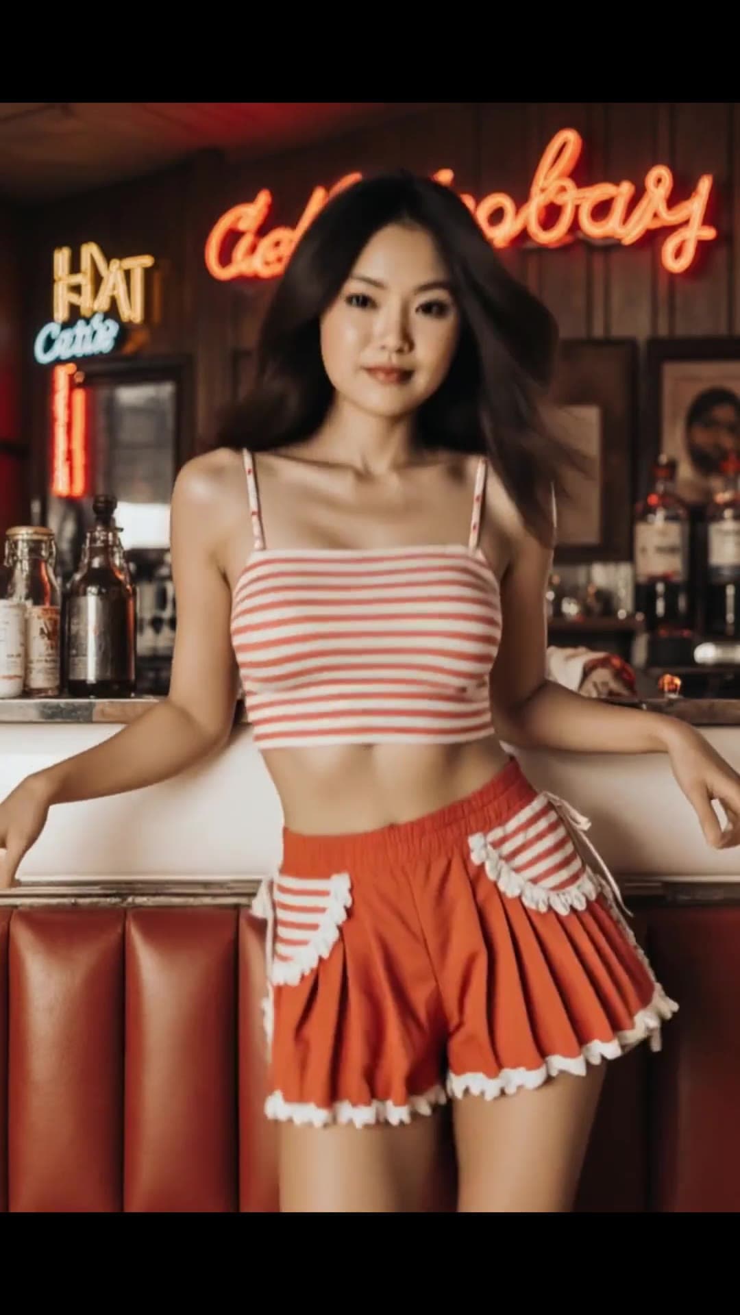 Young adult asian in red crop top at retro bar