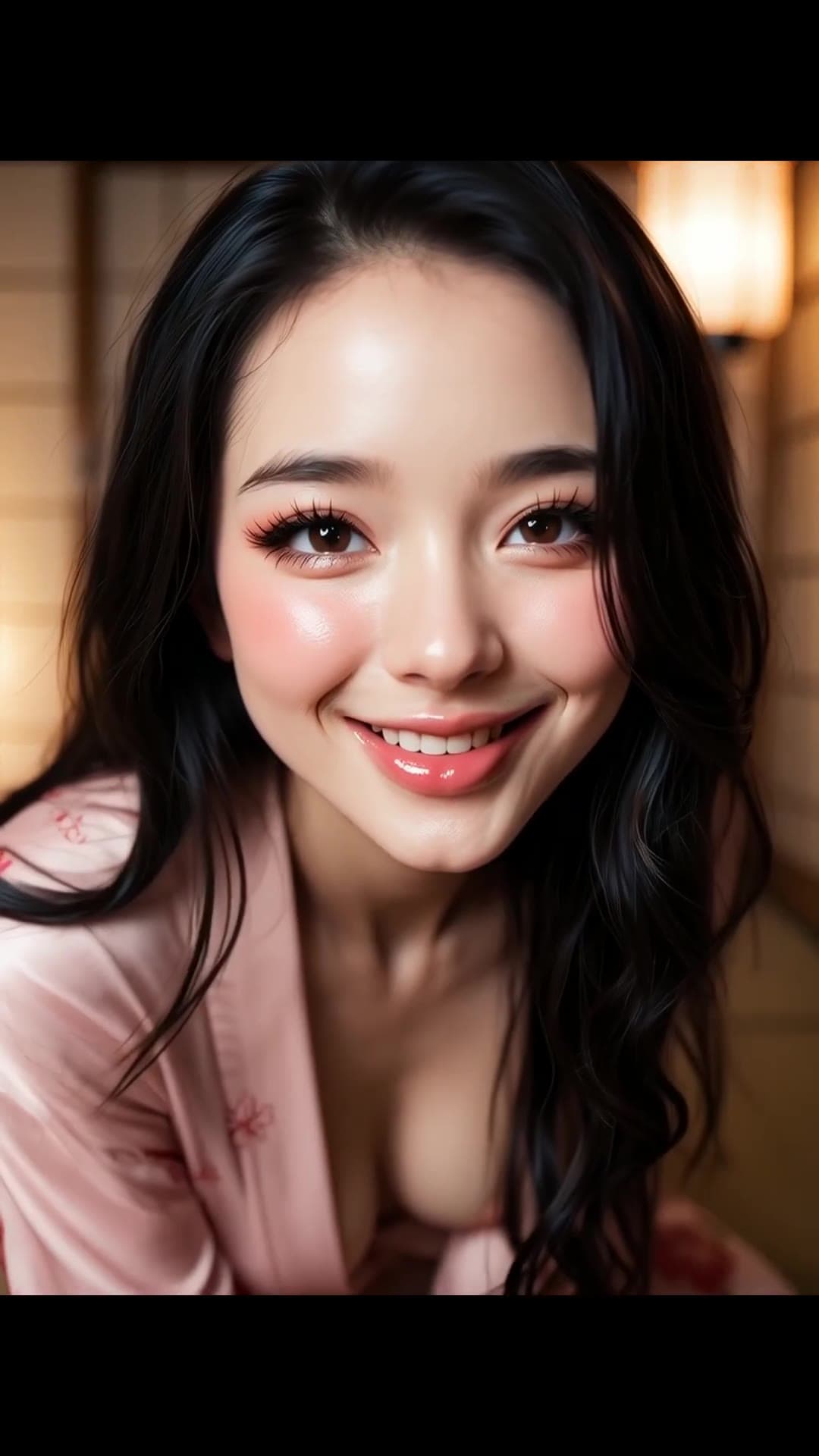 Young Asian in open robe selfie with big natural tits