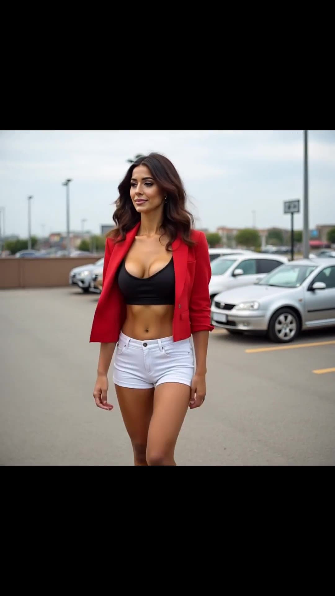 Athletic asian in open blazer walking parking lot