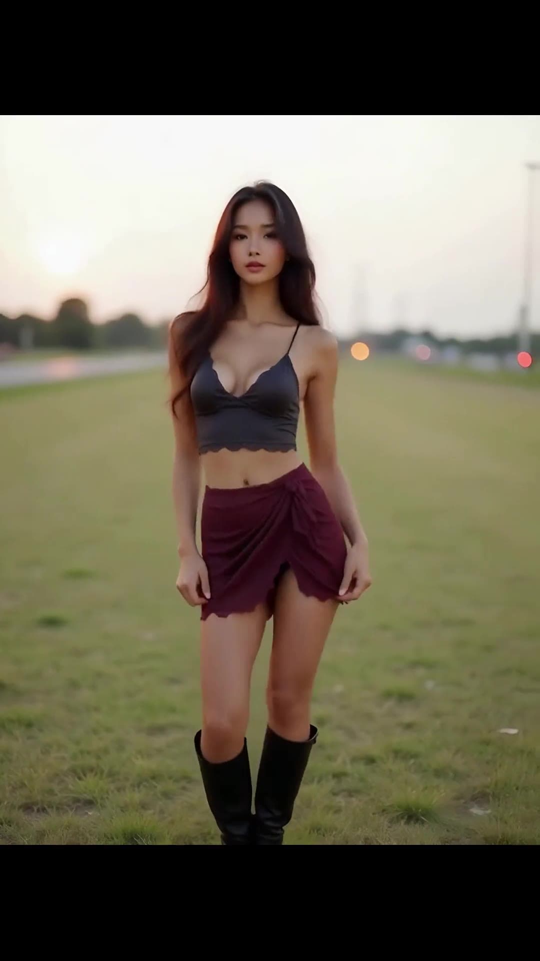 Raven haired athletic asian in gray camisole dusk field