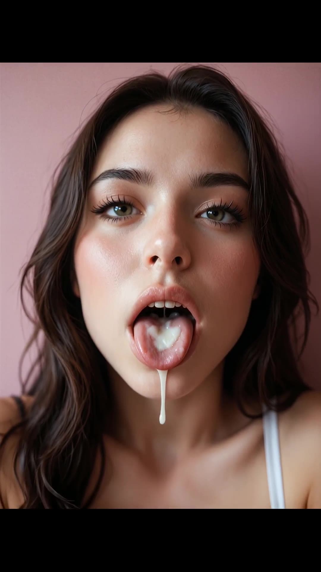 Athletic brunette shows natural tits cum on tongue