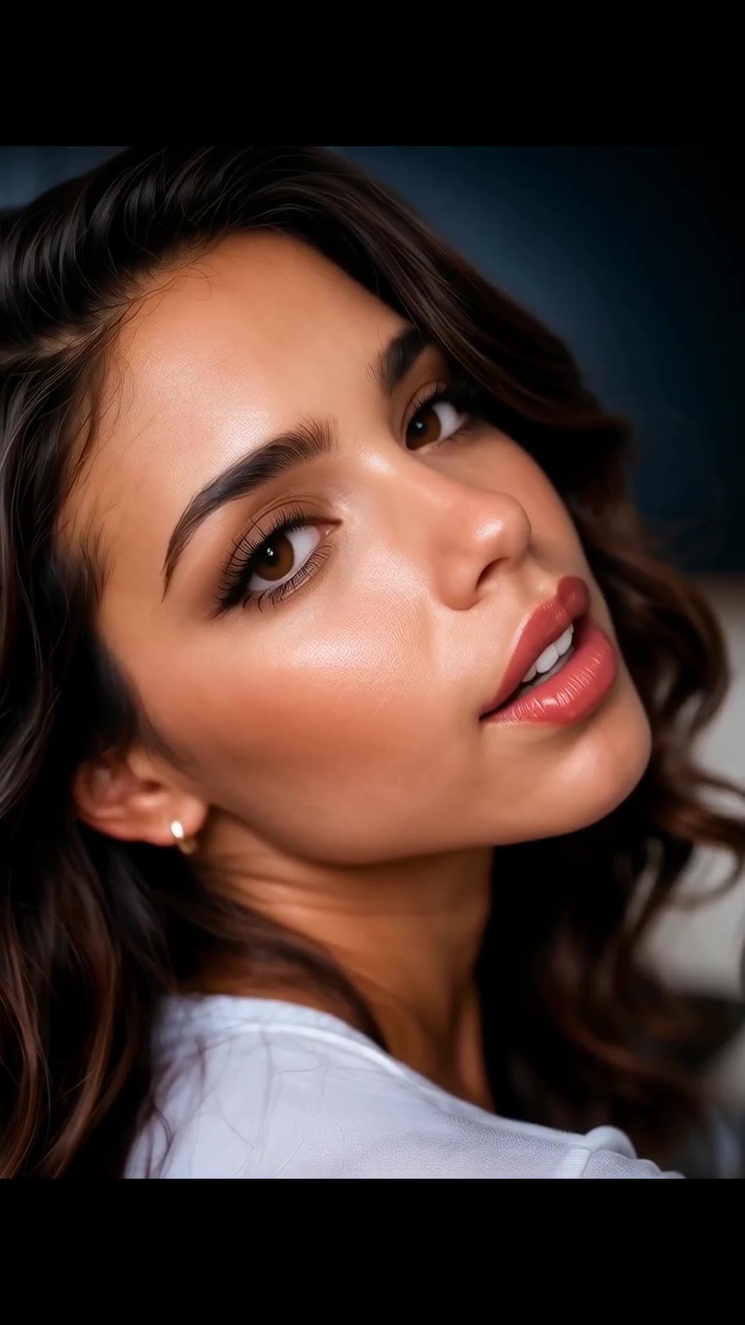Close-up glossy lips parted, soft white top collarbone